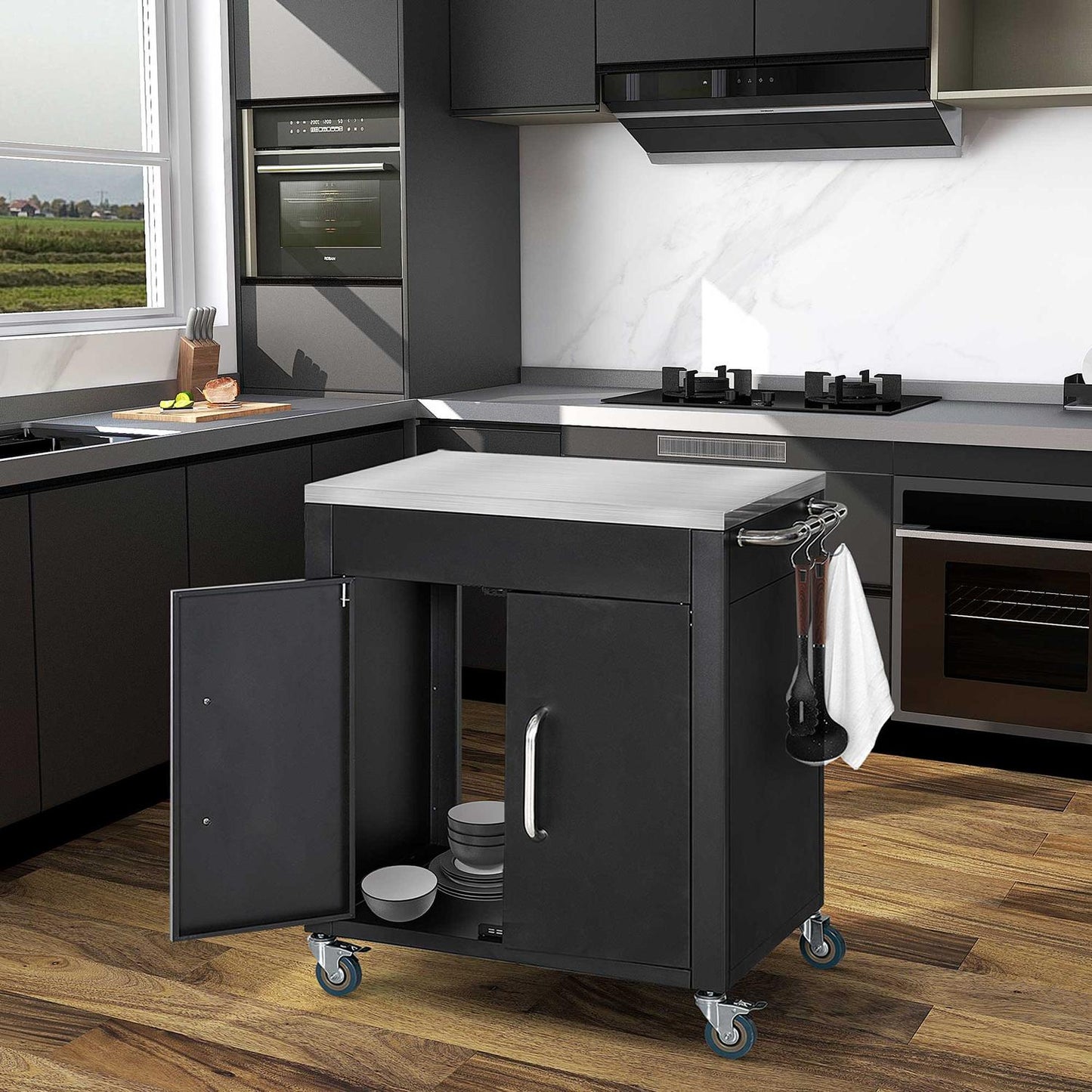 Kitchen trolley with wheels and cabinet, Black, 86x50x86.5 cm