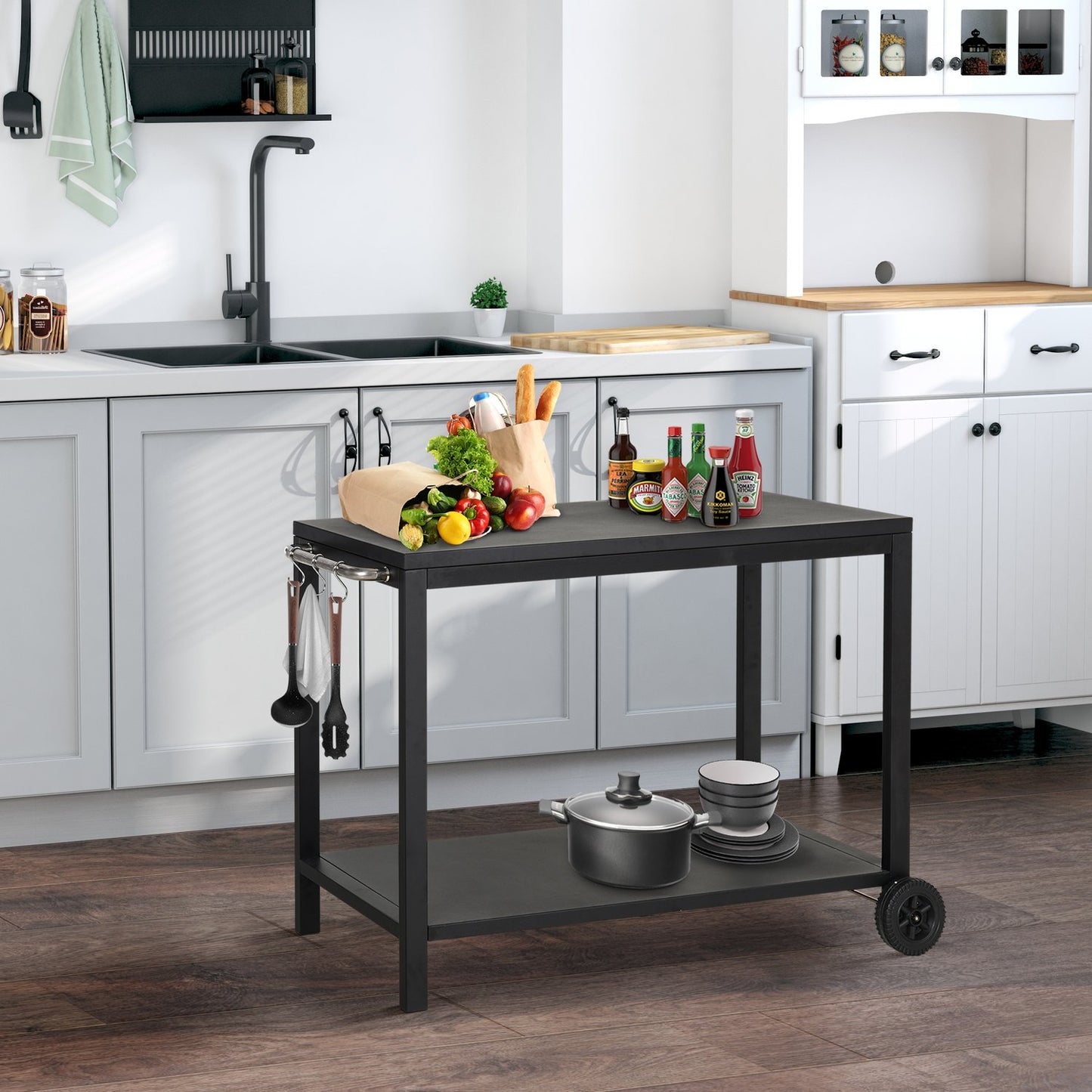Black kitchen trolley with wheels and hooks, stainless steel