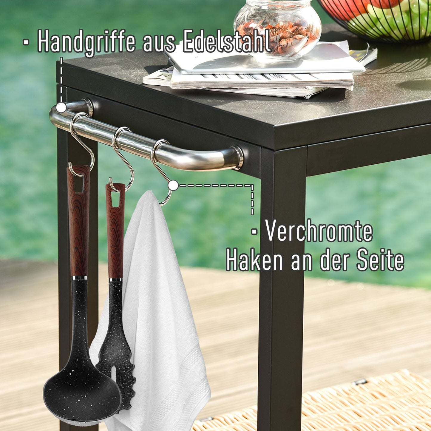 Black kitchen trolley with wheels and hooks, stainless steel