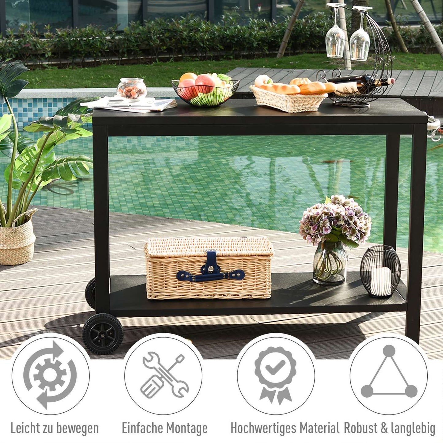 Black kitchen trolley with wheels and hooks, stainless steel