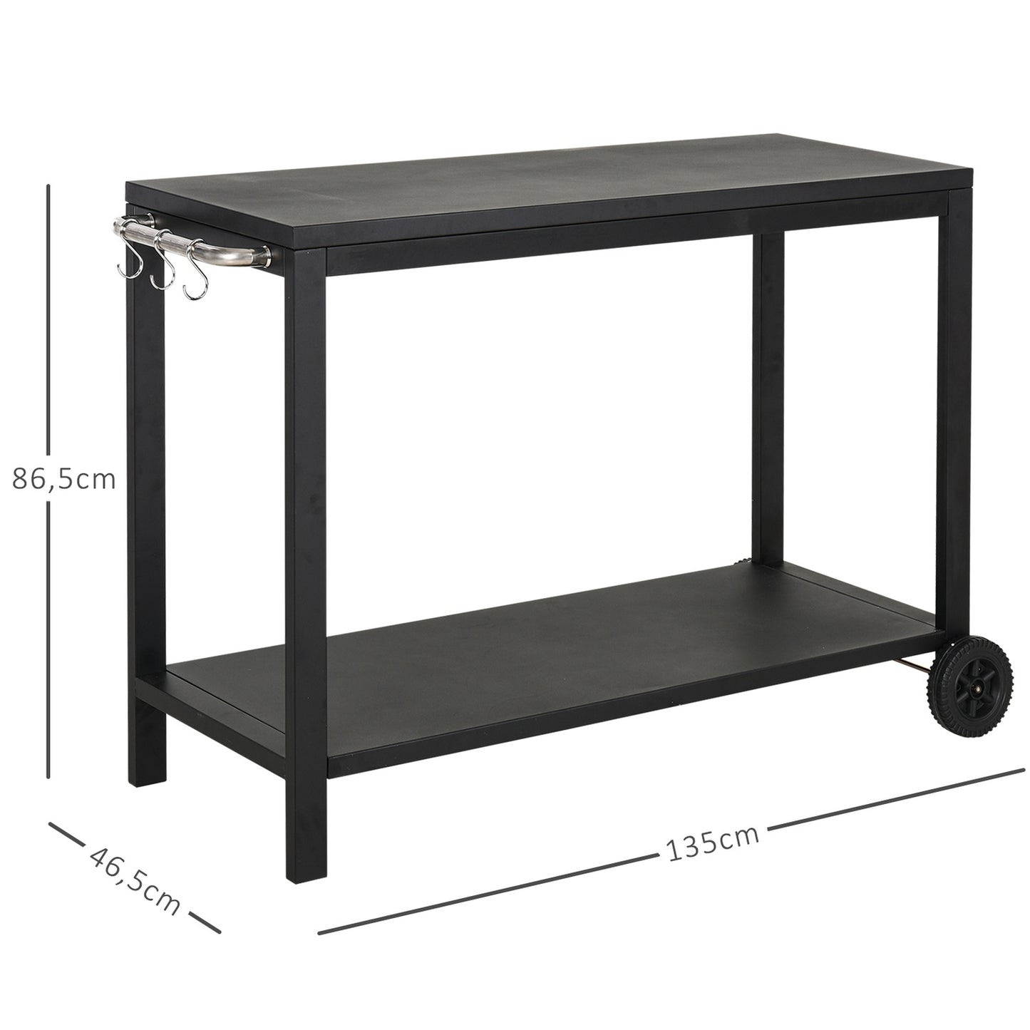 Black kitchen trolley with wheels and hooks, stainless steel