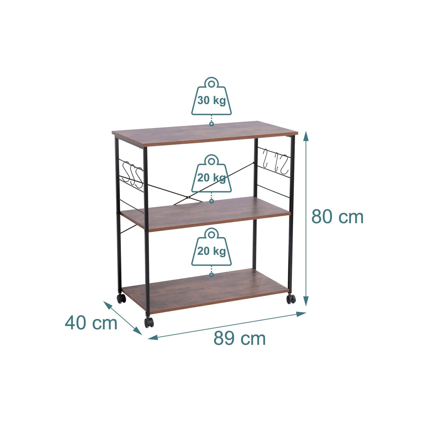 Kitchen Trolley with 3 Shelves and Wheels