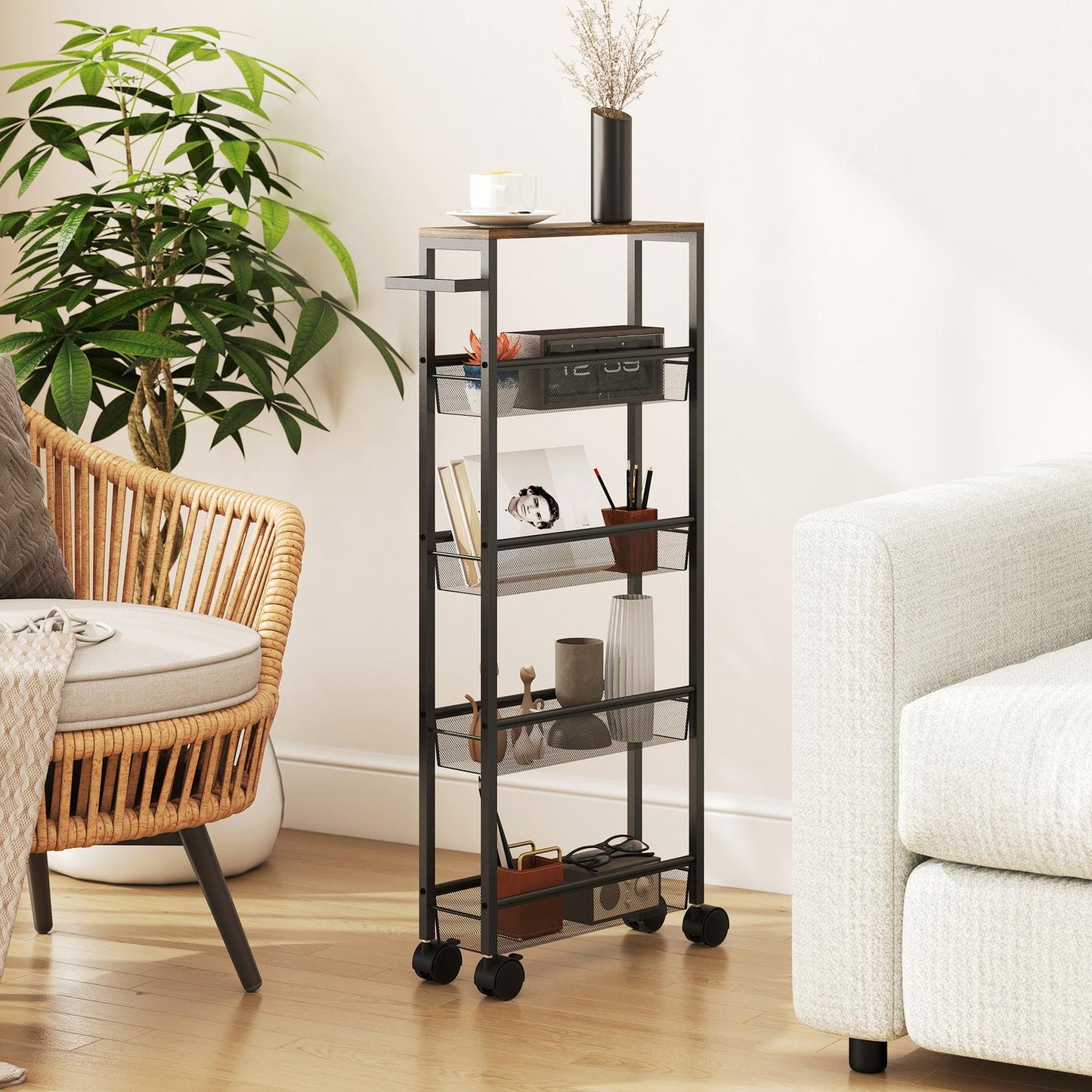 Kitchen Trolley with 5 Shelves, Rolling Cart, Black, 47x13x96.5 cm