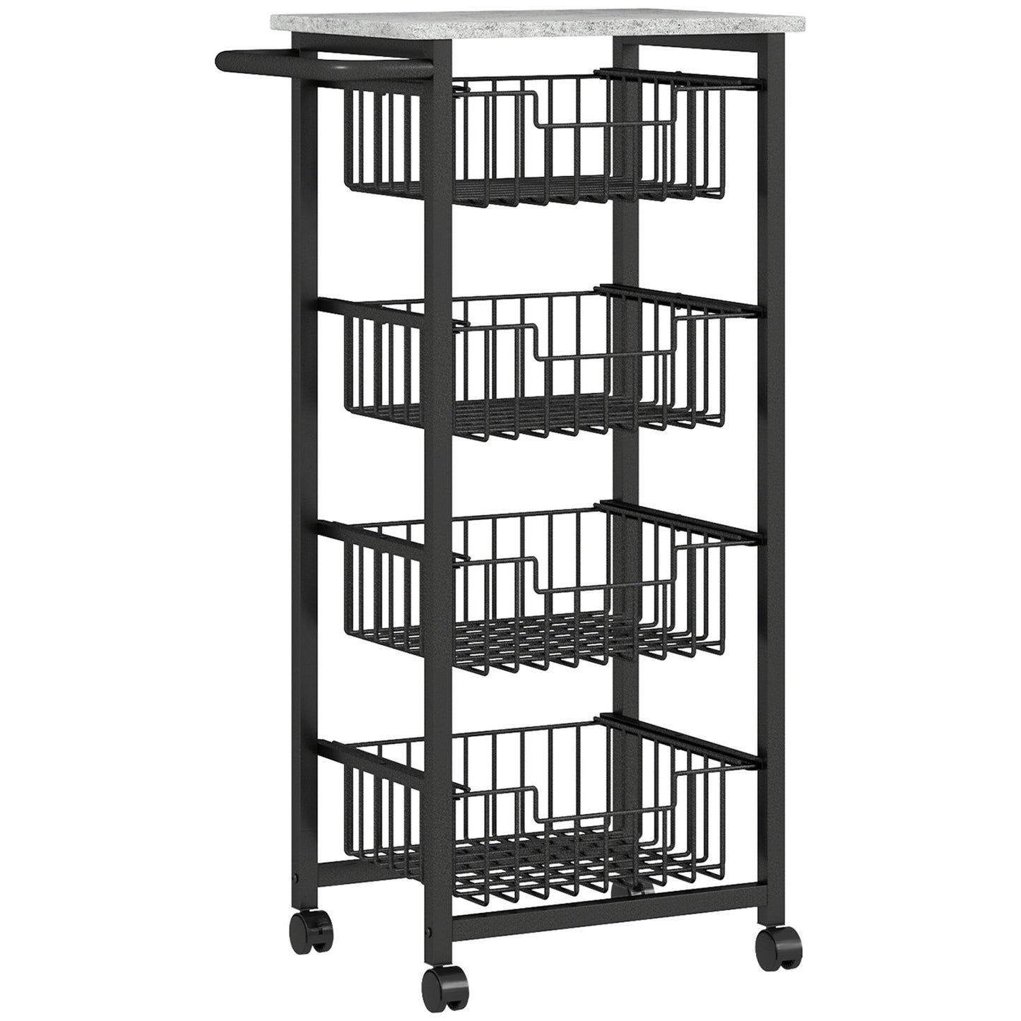 Kitchen Trolley with Wheels, 4 Steel Baskets, MDF Top