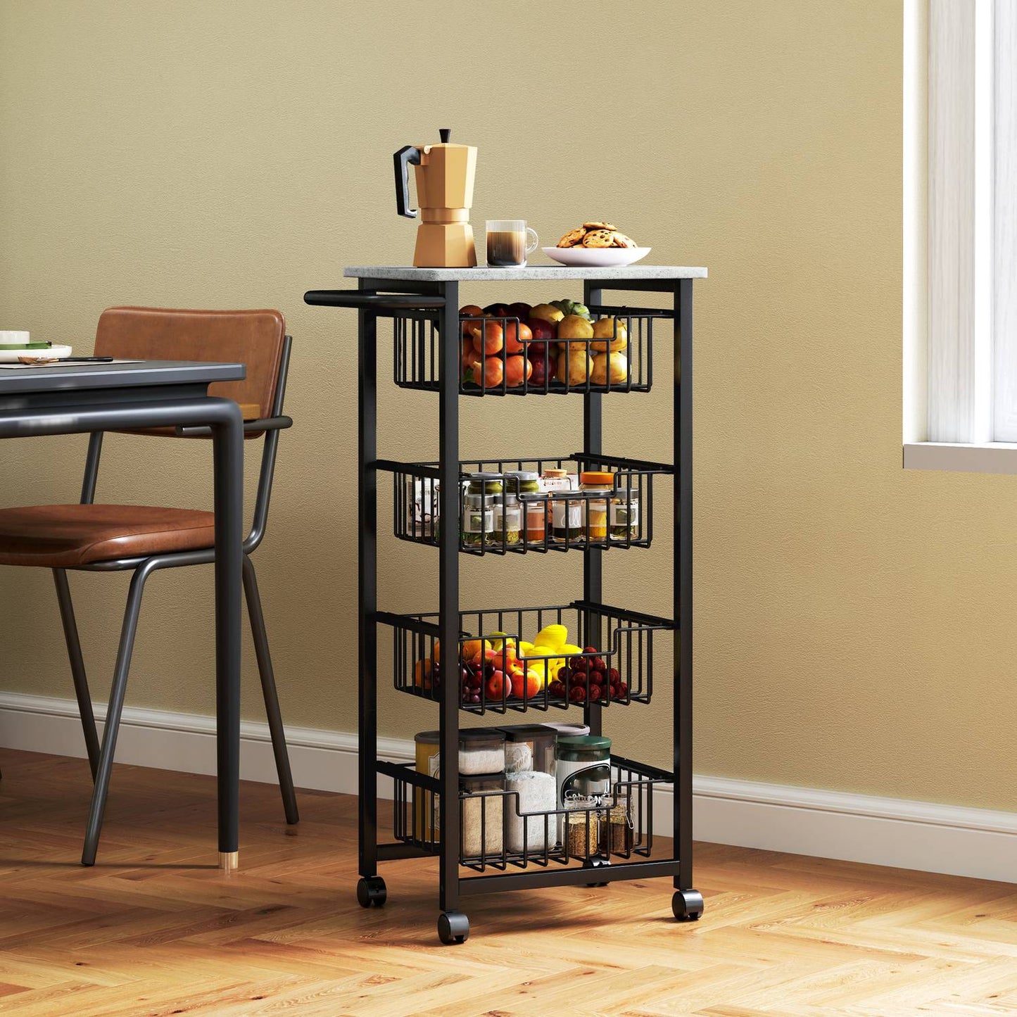 Kitchen Trolley with Wheels, 4 Steel Baskets, MDF Top