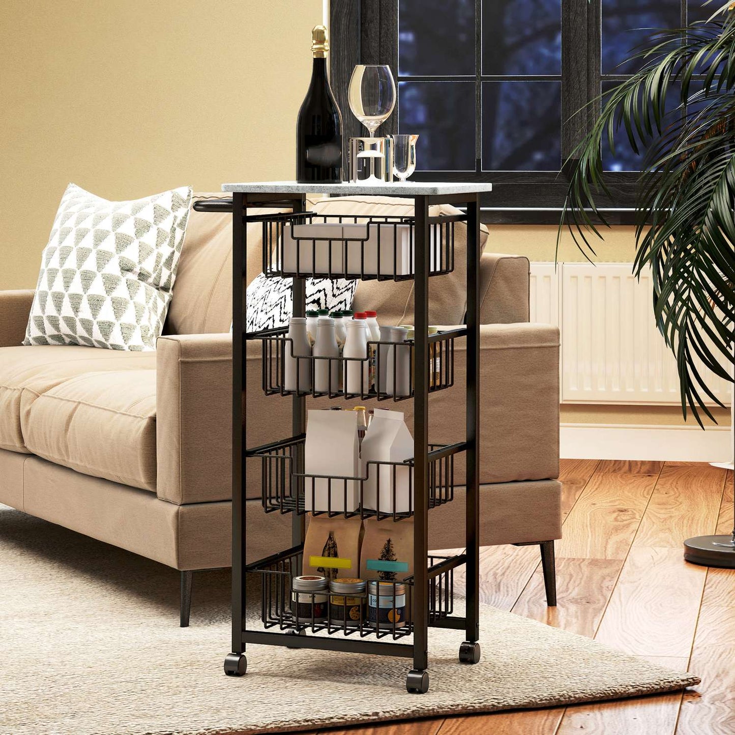 Kitchen Trolley with Wheels, 4 Steel Baskets, MDF Top