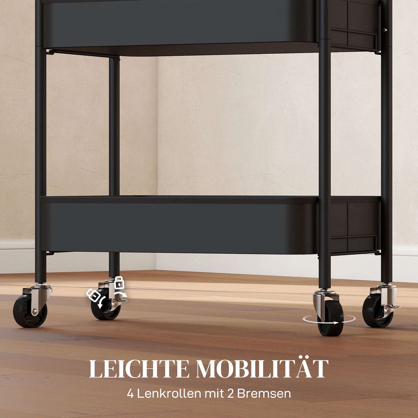 Kitchen Utility Cart, 3 Shelves, 4 Wheels, Black, 45x31x79 cm