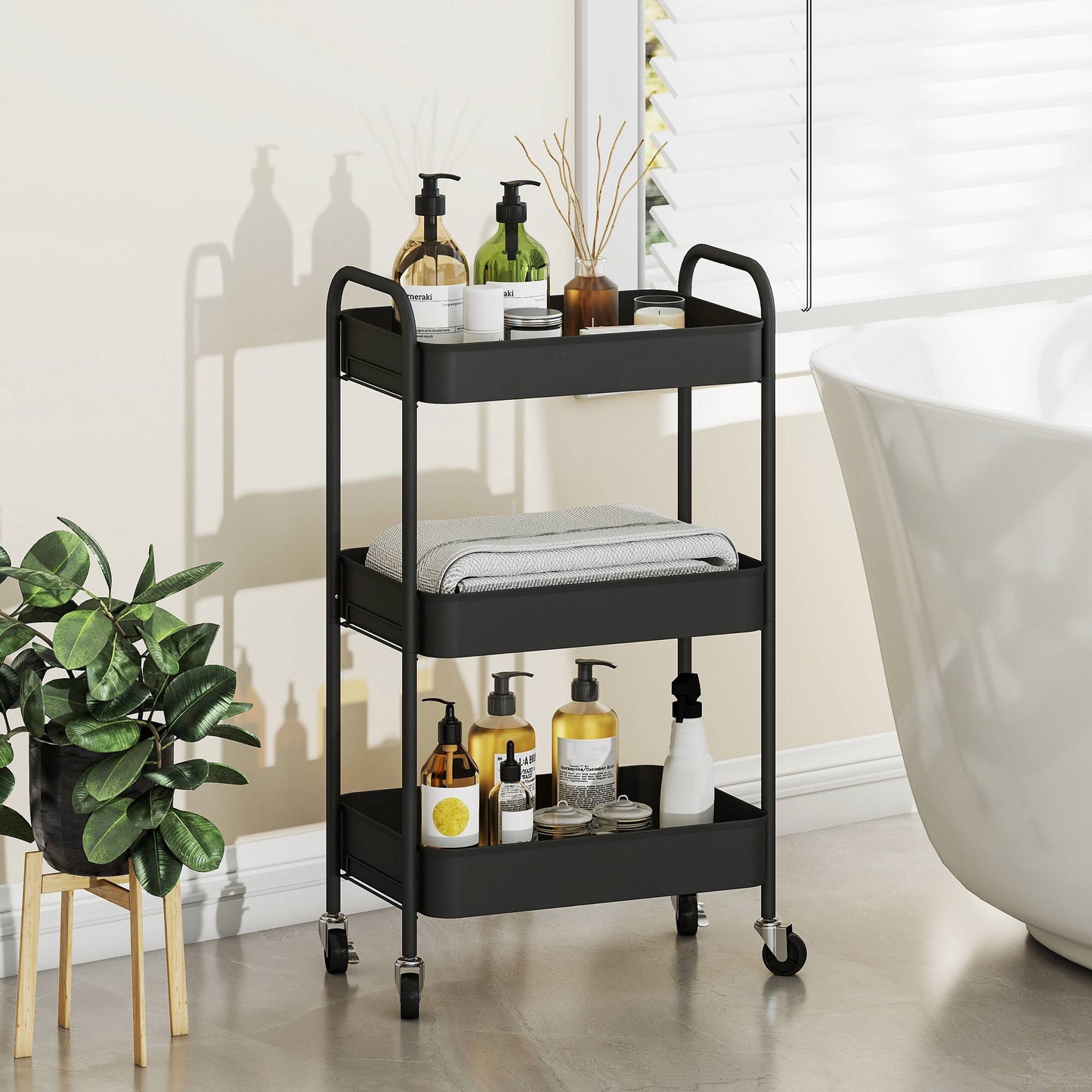 Kitchen Utility Cart, 3 Shelves, 4 Wheels, Black, 45x31x79 cm