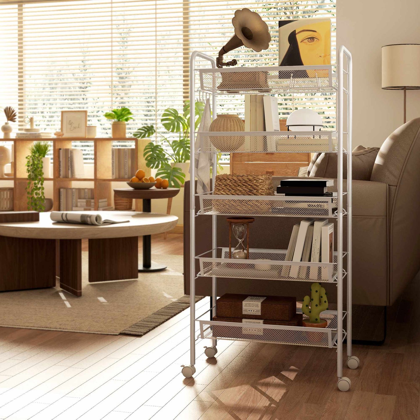 Kitchen Utility Cart, 5-Tier Steel, White, with Wheels