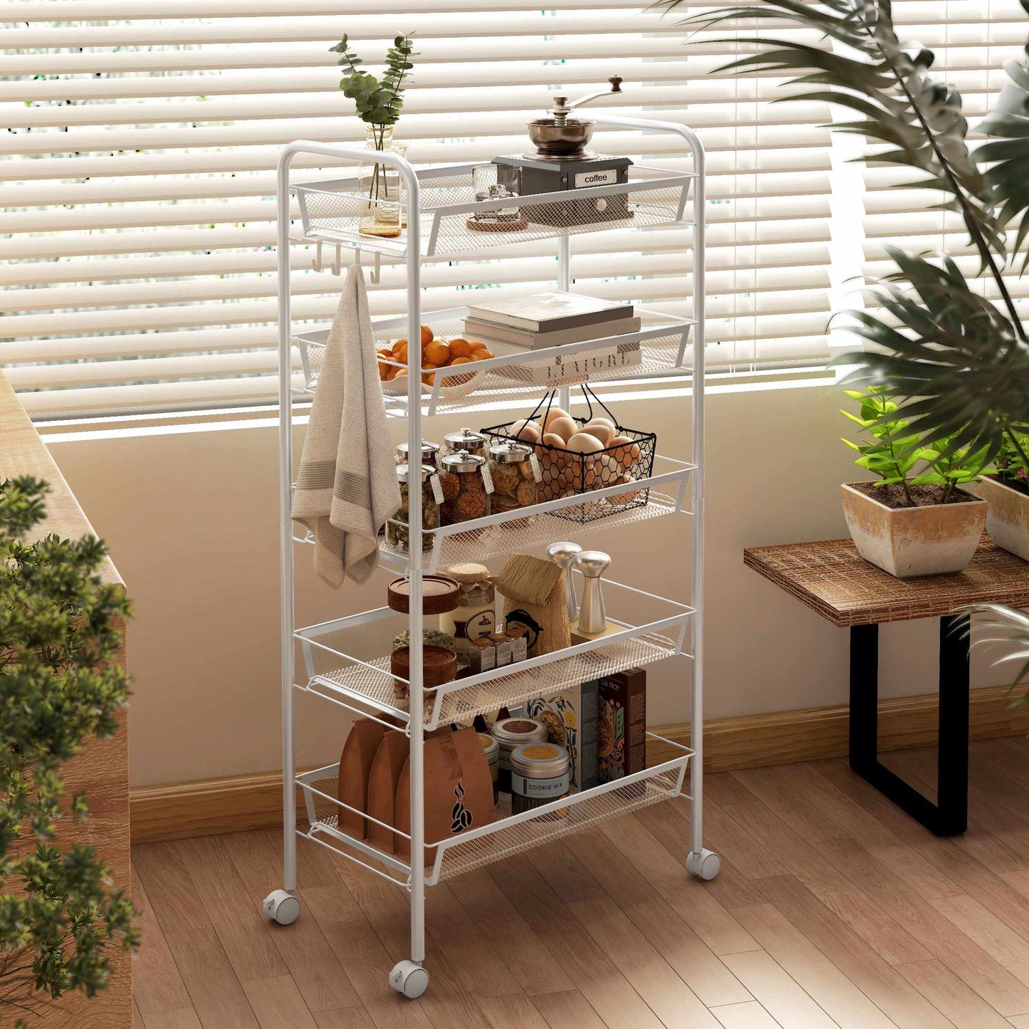 Kitchen Utility Cart, 5-Tier Steel, White, with Wheels