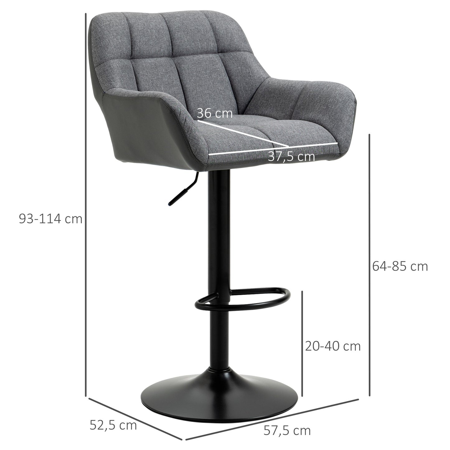 Adjustable gray barstools Set of 2, 360° rotatable, linen look