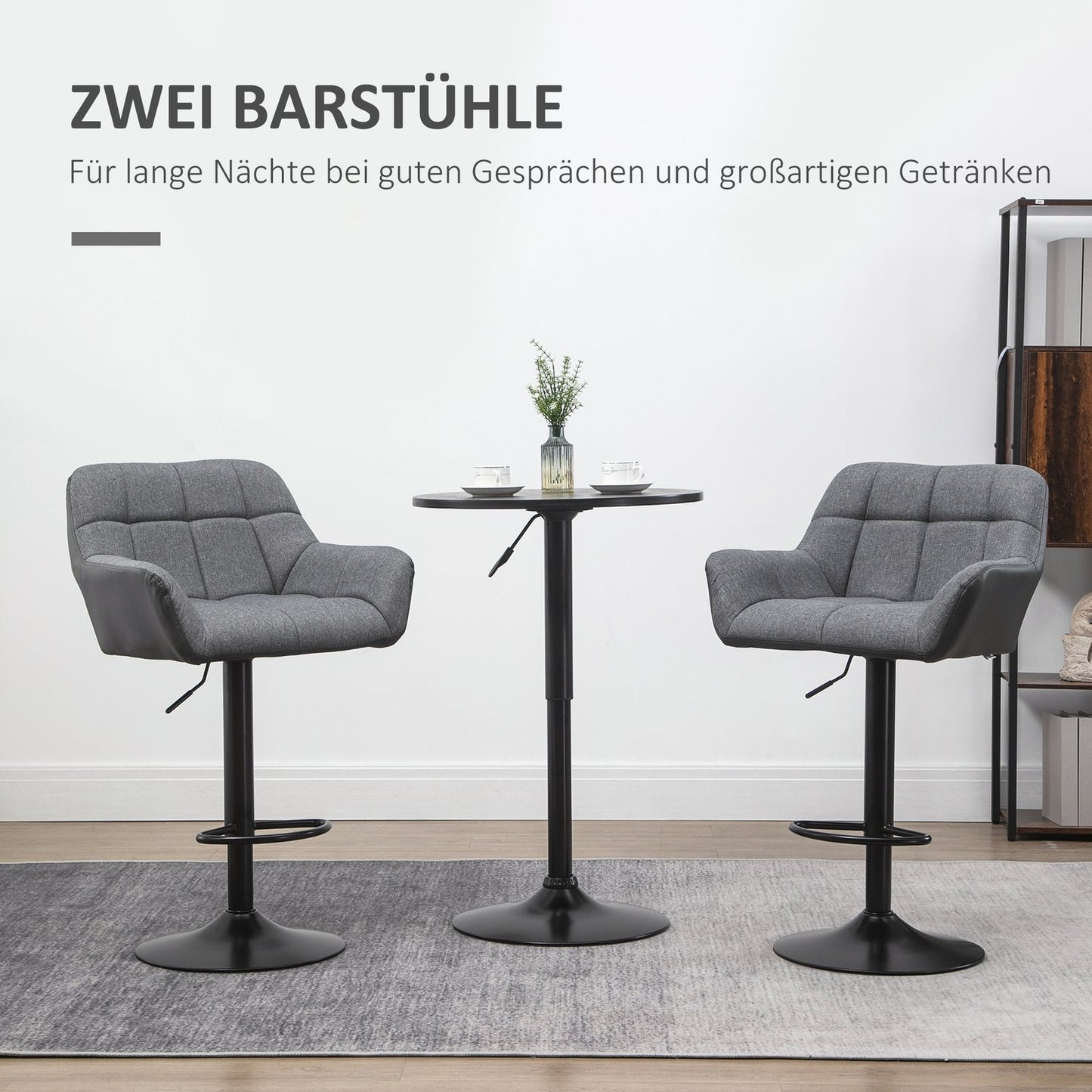 Adjustable gray barstools Set of 2, 360° rotatable, linen look