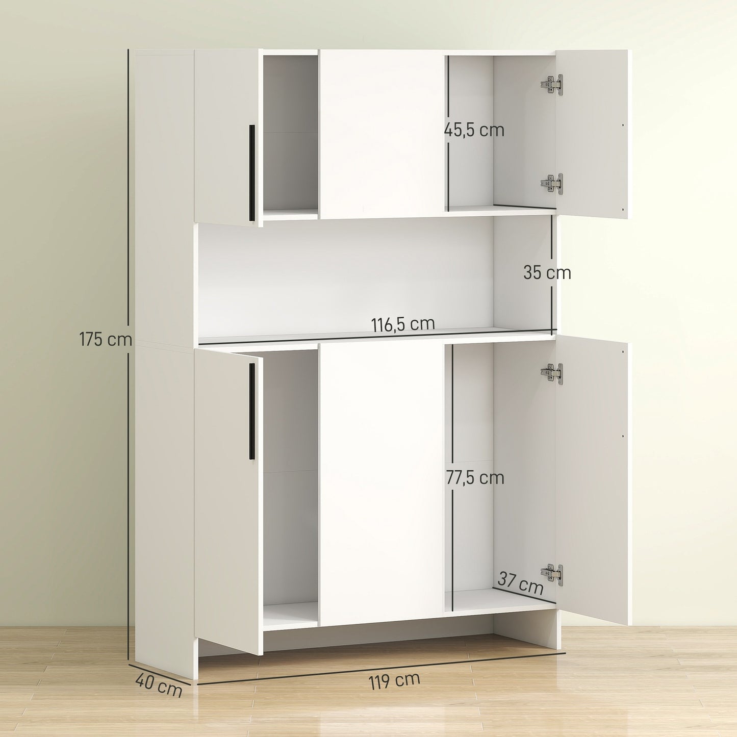Kitchen cabinet, 4 cabinets, 6 doors, 12 hinges, worktop, chipboard, white