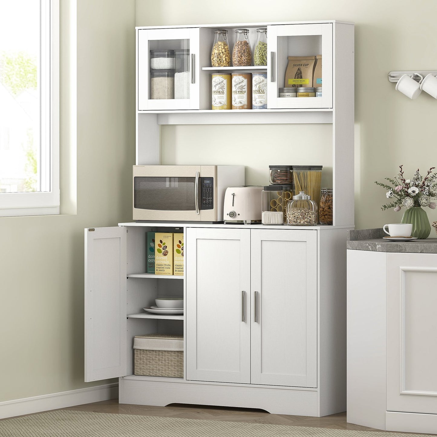 Kitchen cabinet, Scandinavian design, 4 cabinets, adjustable shelves, glass doors, open space, chipboard, MDF, white
