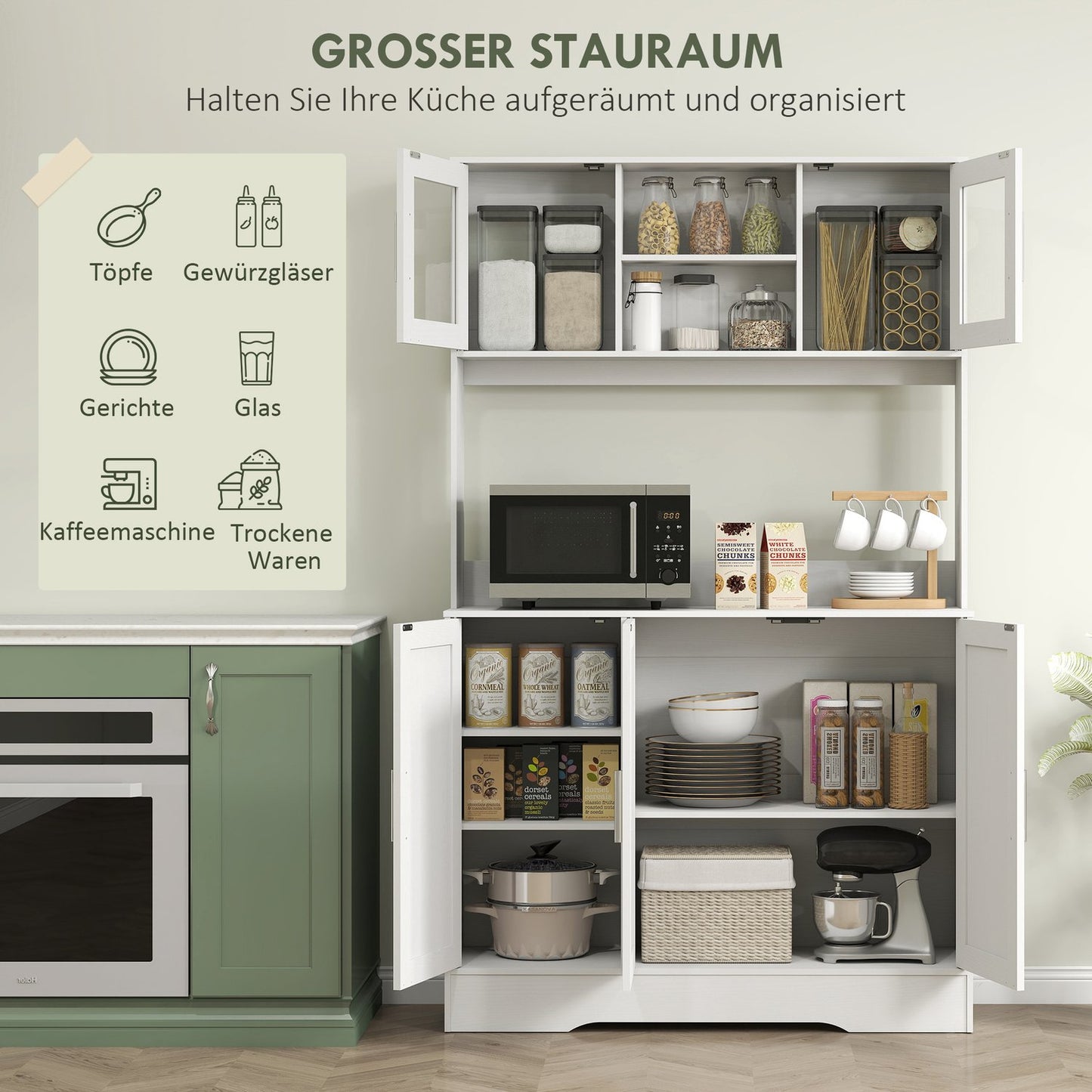 Kitchen cabinet, Scandinavian design, 4 cabinets, adjustable shelves, glass doors, open space, chipboard, MDF, white