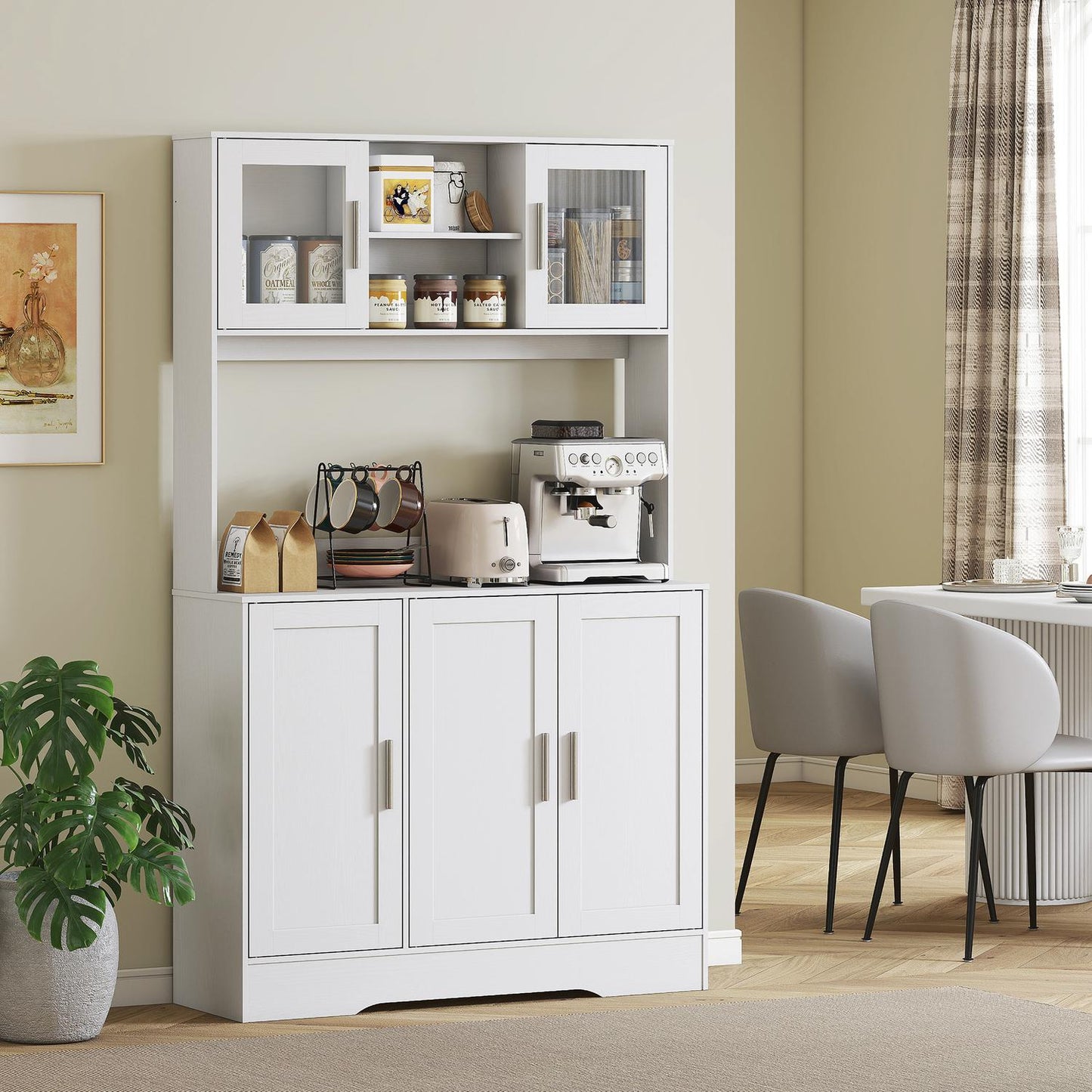 Kitchen cabinet, Scandinavian design, 4 cabinets, adjustable shelves, glass doors, open space, chipboard, MDF, white
