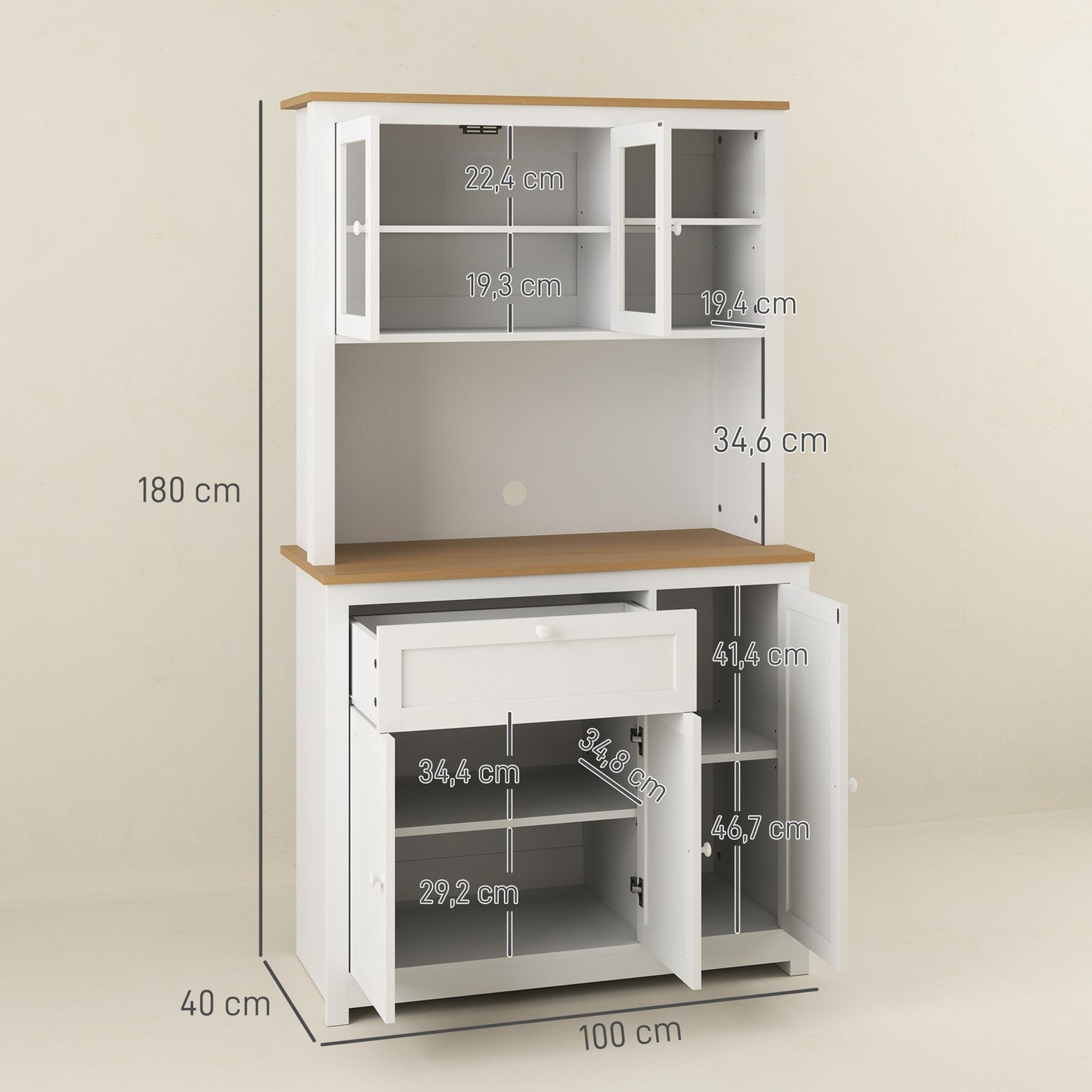 White kitchen buffet cabinet - multifunctional storage, 100x40x180 cm