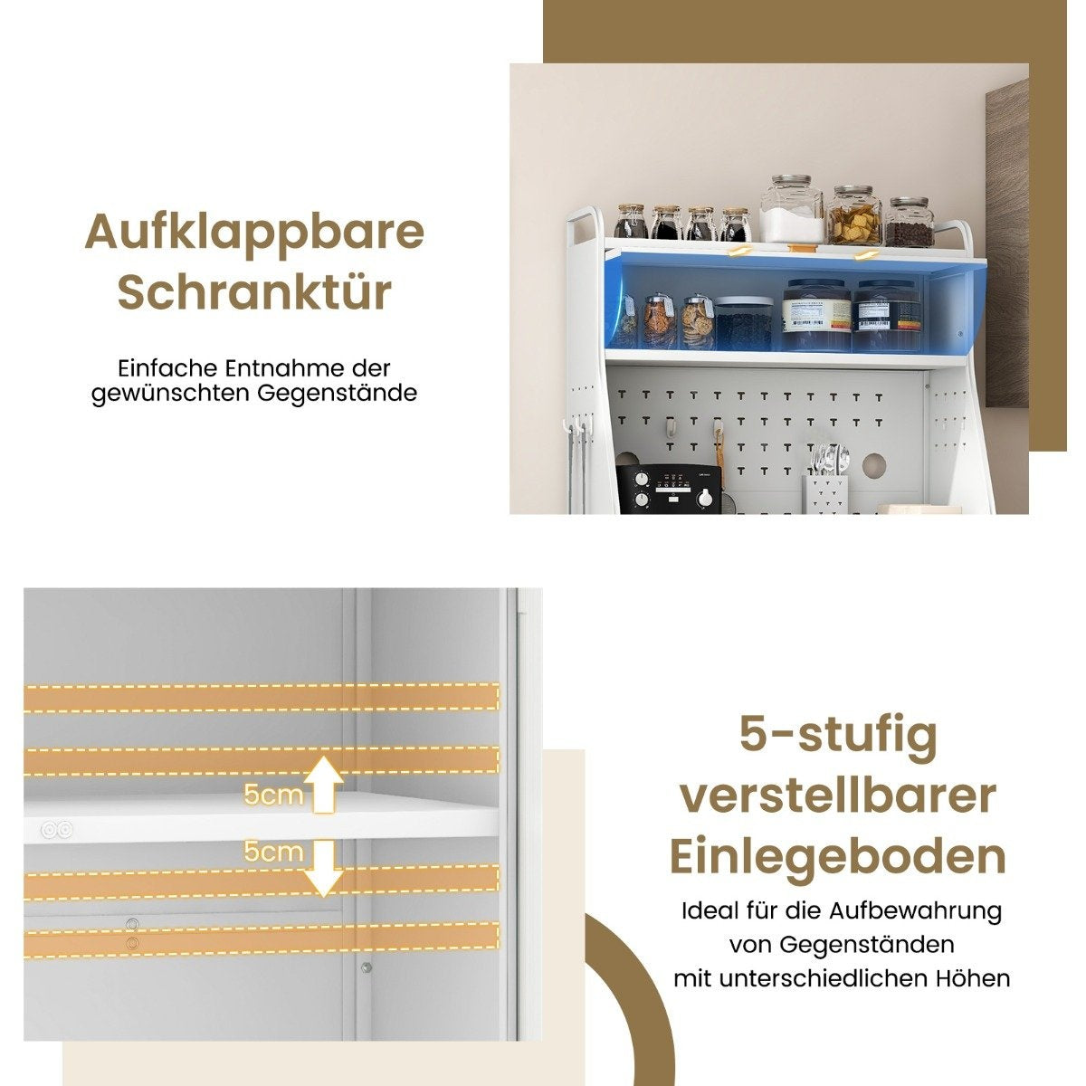 Kitchen cabinet kitchen buffet with pegboard & adjustable shelf 76 x 36 x 161 cm white