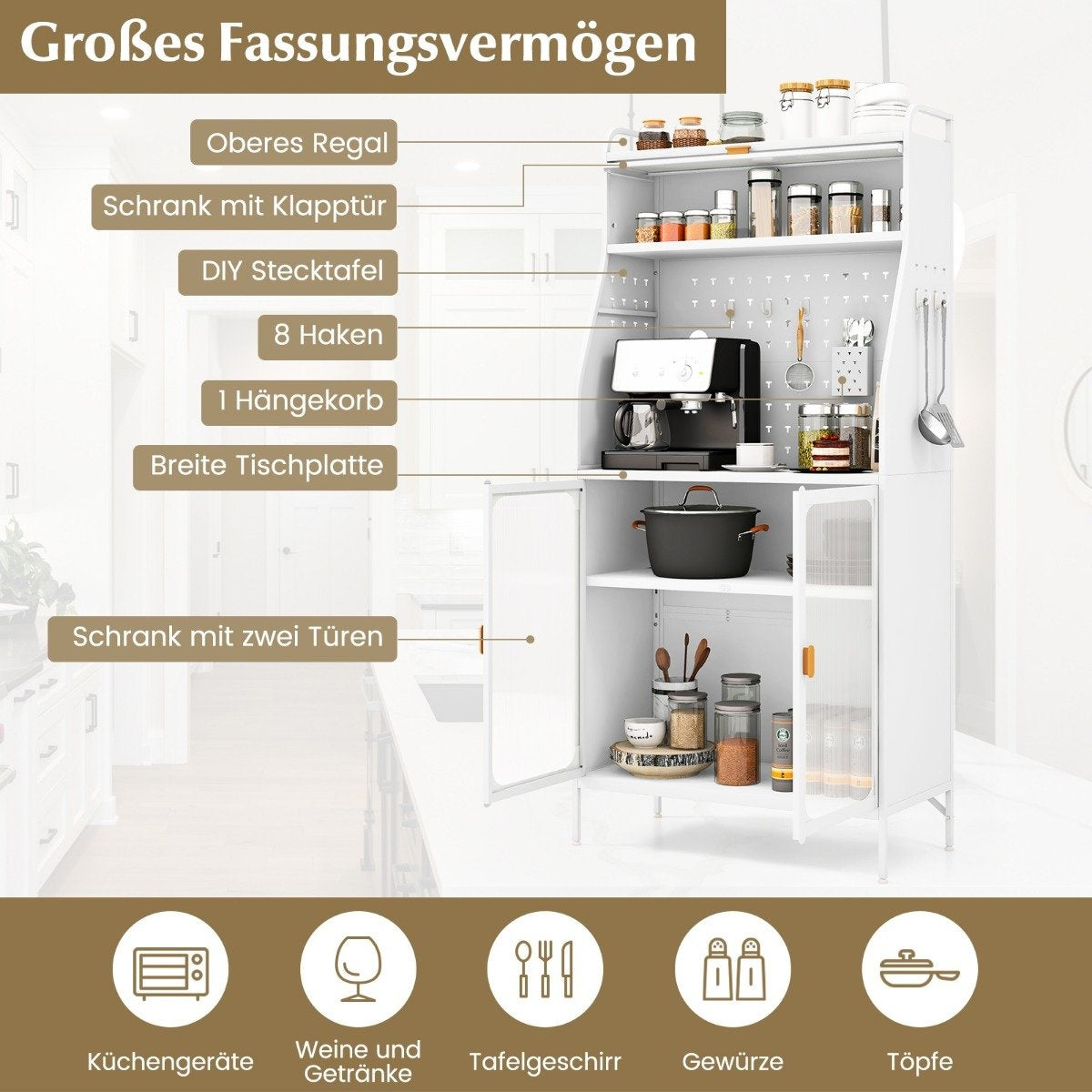 Kitchen cabinet kitchen buffet with pegboard & adjustable shelf 76 x 36 x 161 cm white