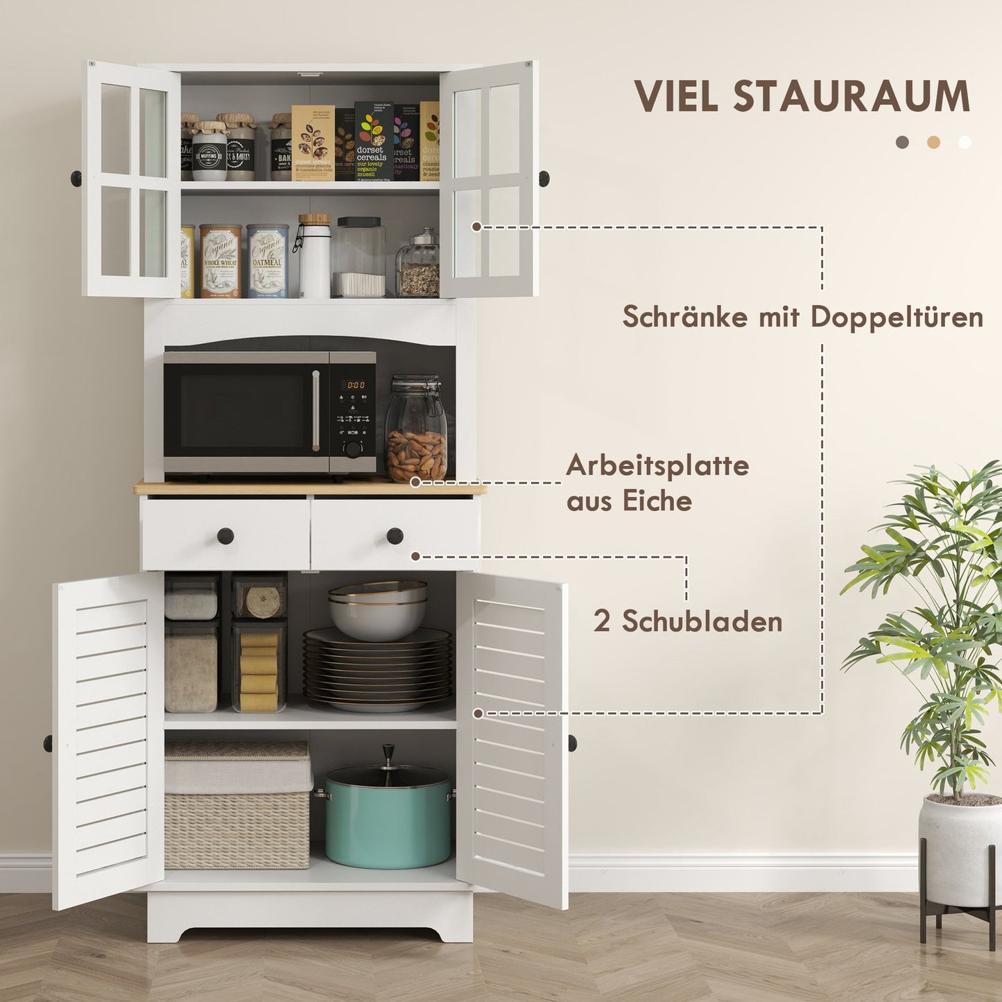 Tall white kitchen buffet cabinet, adjustable shelves, 170 cm