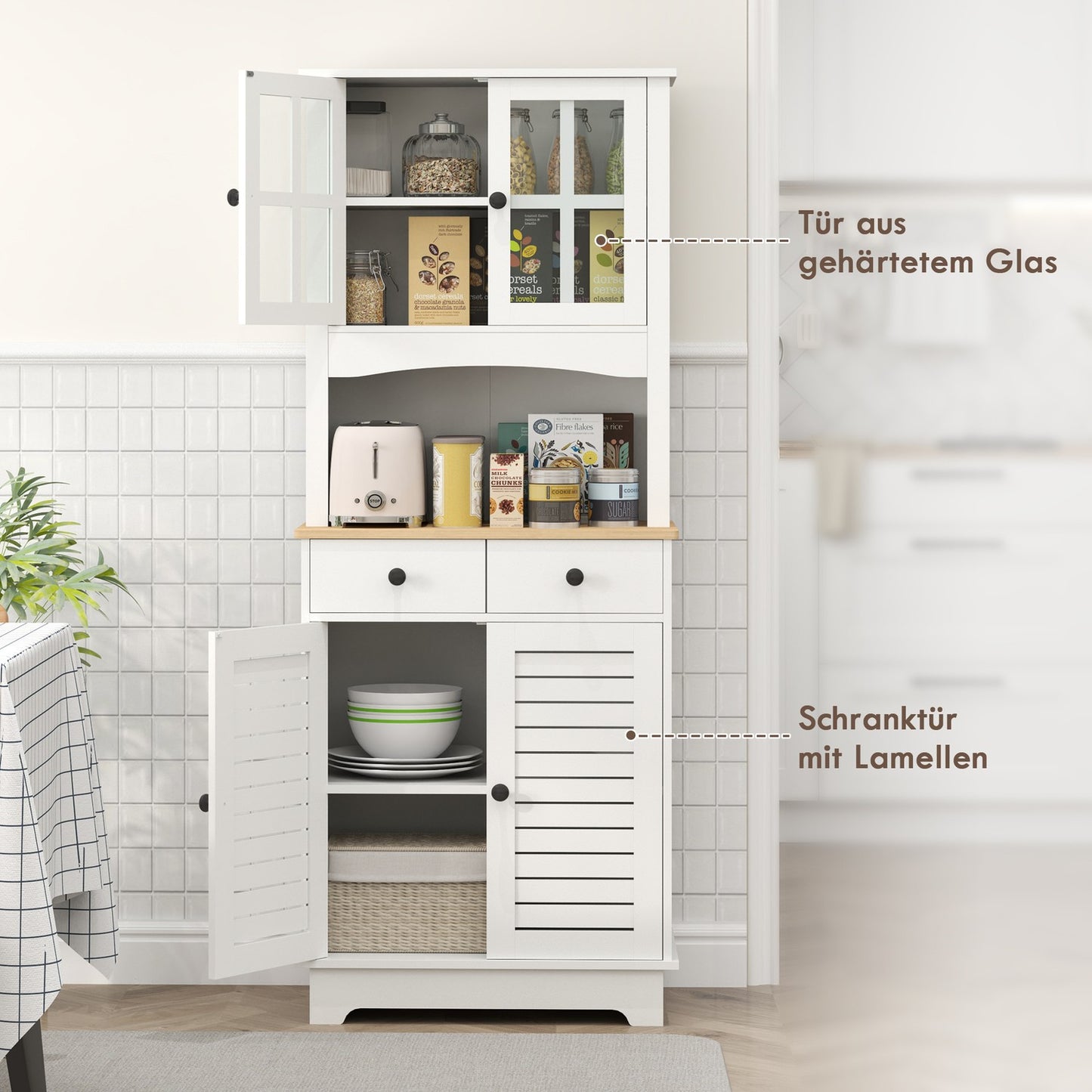 Tall white kitchen buffet cabinet, adjustable shelves, 170 cm
