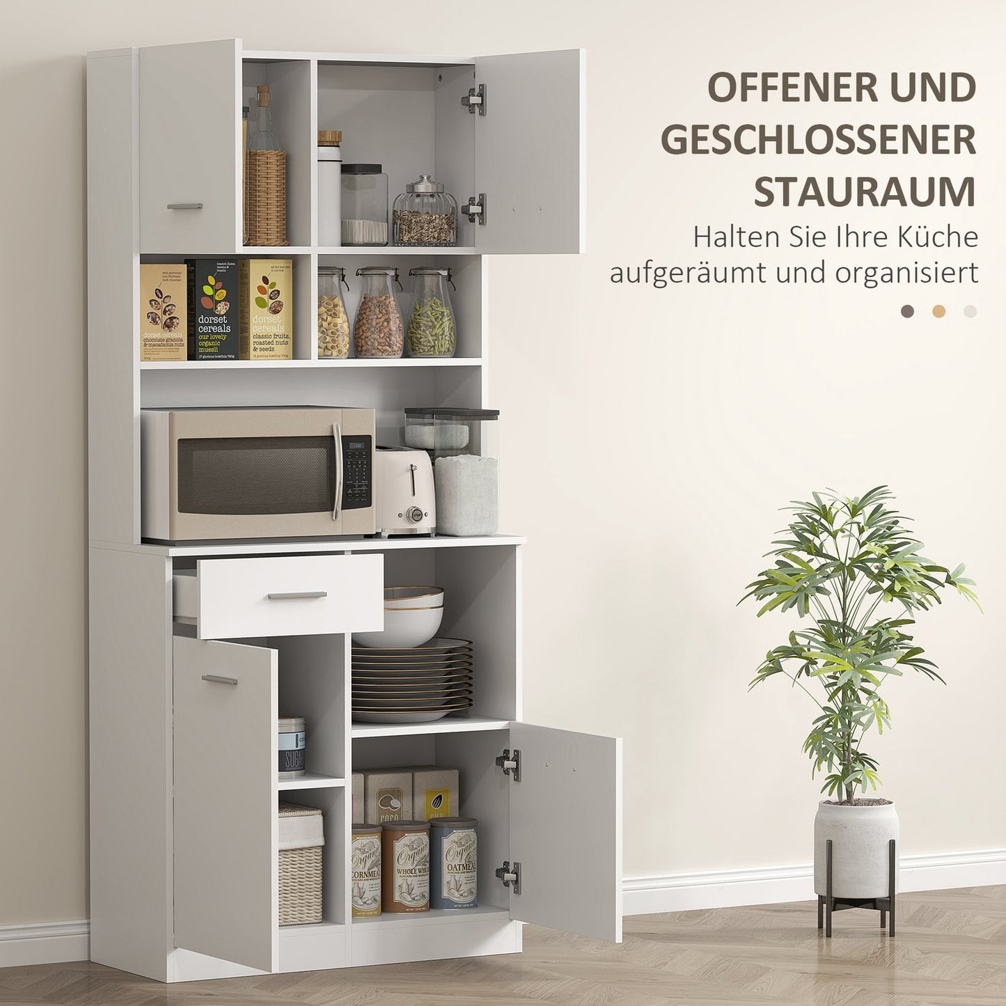 Tall white kitchen storage cabinet with drawer and adjustable shelf