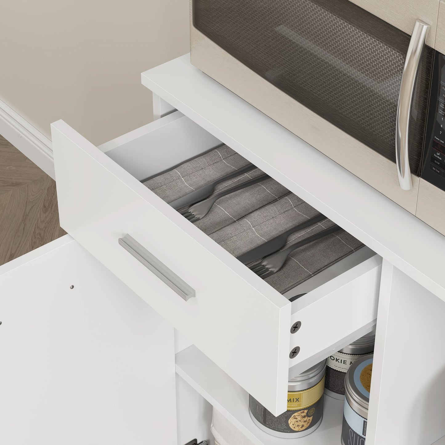 Tall white kitchen storage cabinet with drawer and adjustable shelf