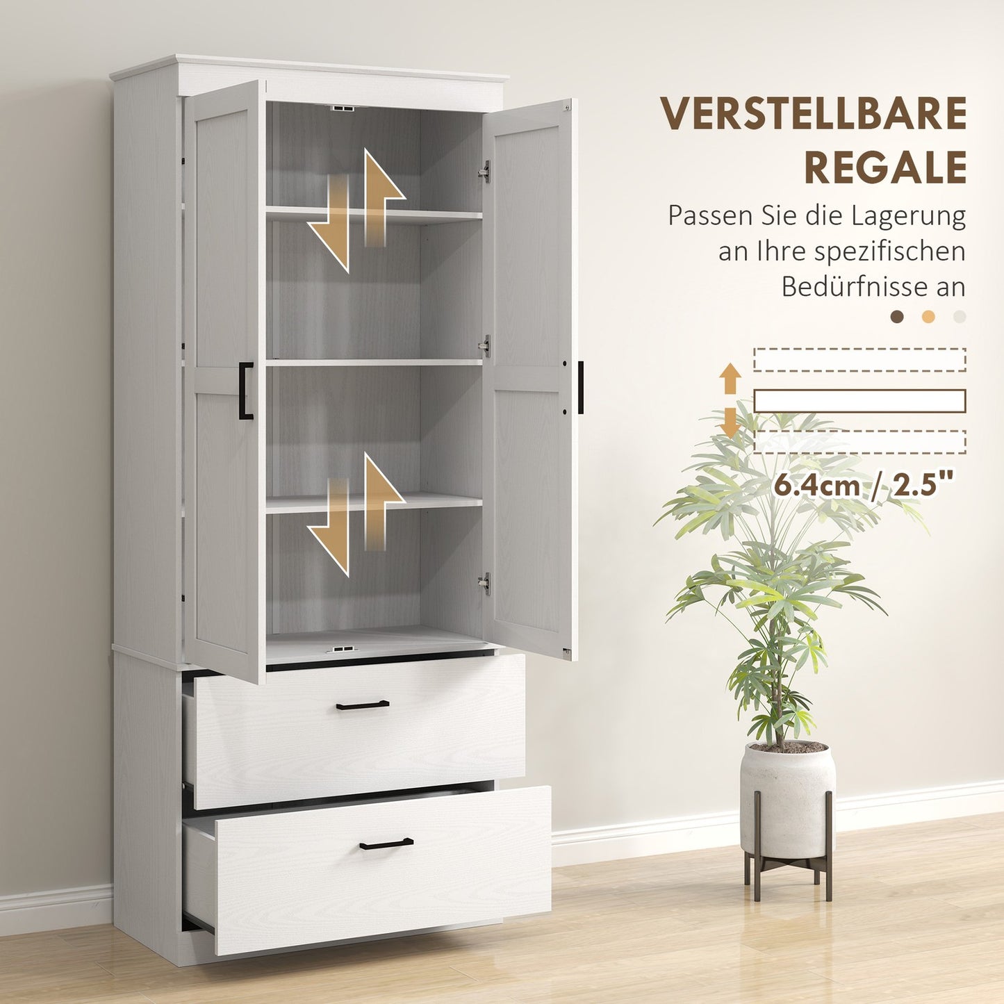 Tall kitchen buffet cabinet, adjustable shelves, cream white
