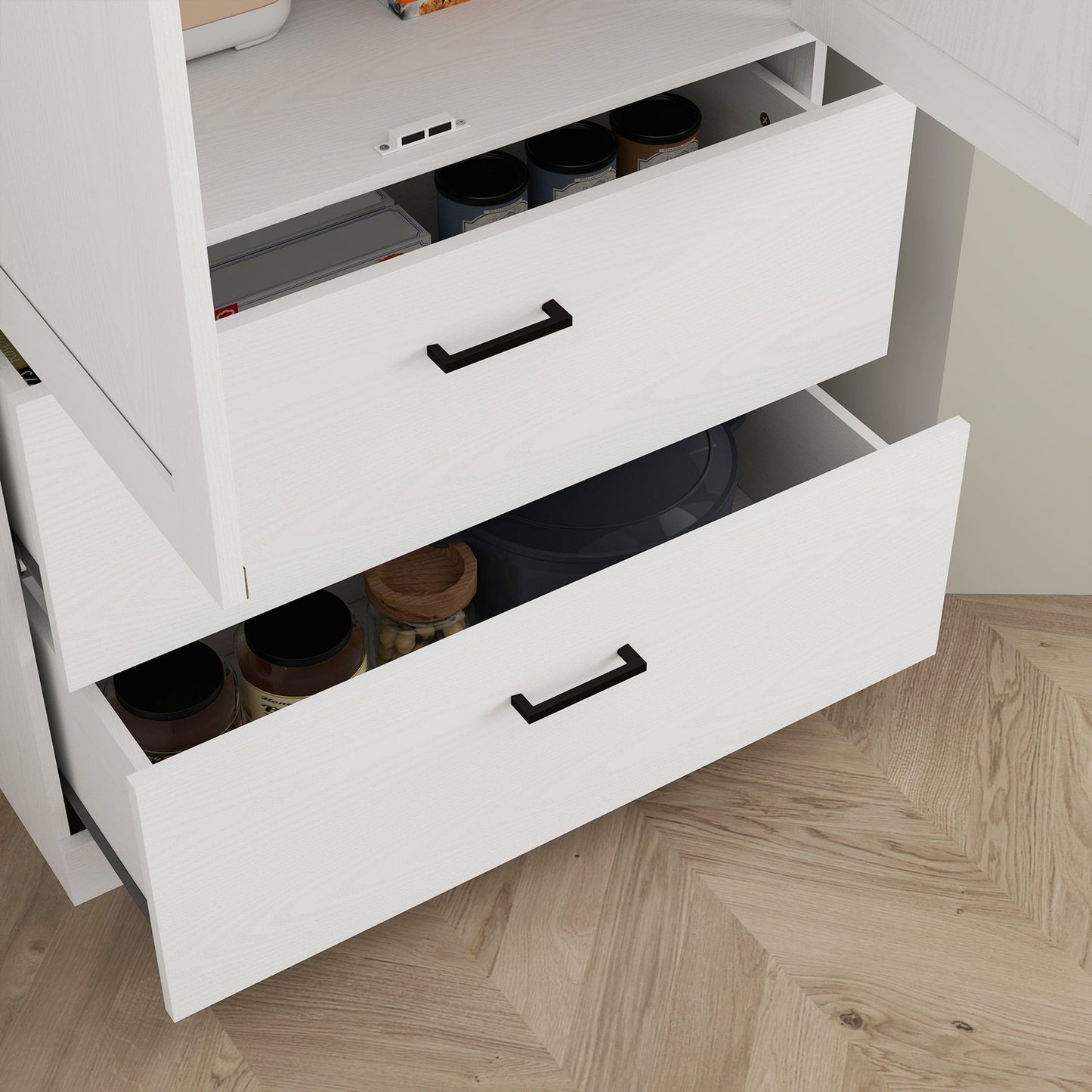 Tall kitchen buffet cabinet, adjustable shelves, cream white
