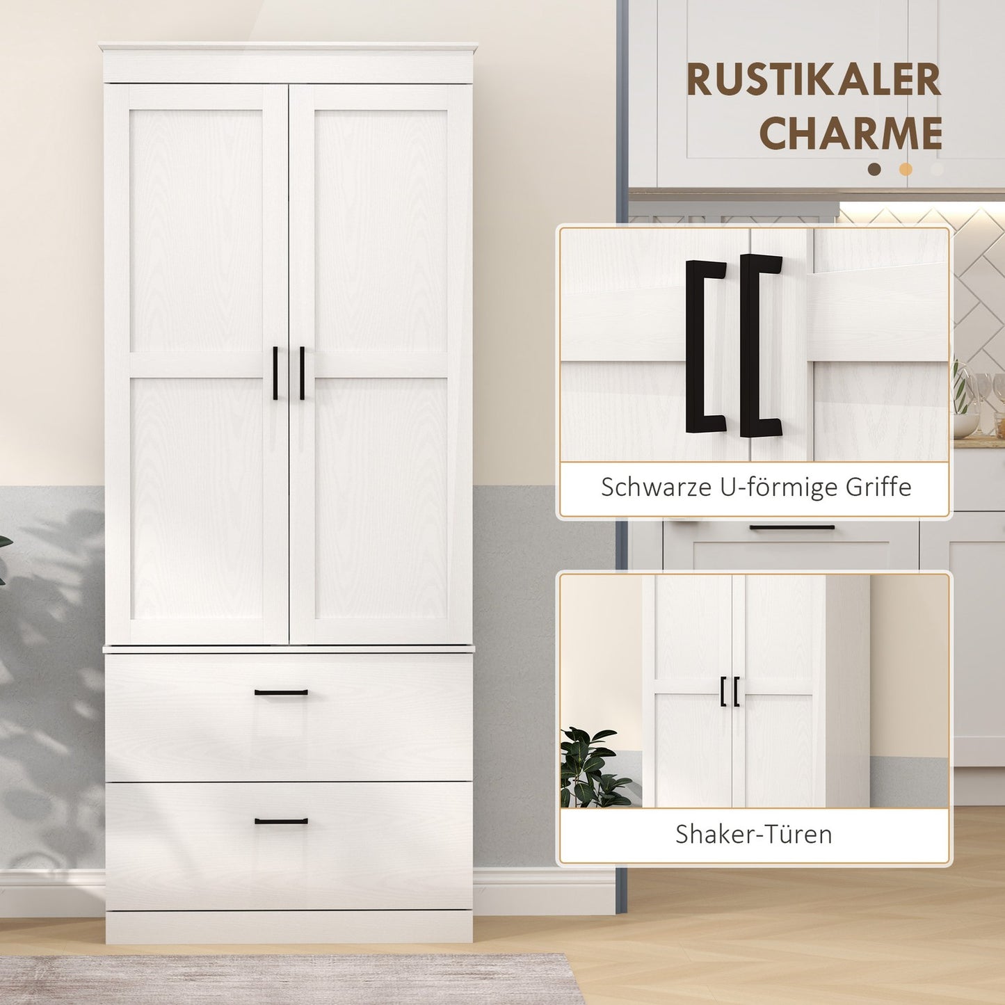 Tall kitchen buffet cabinet, adjustable shelves, cream white