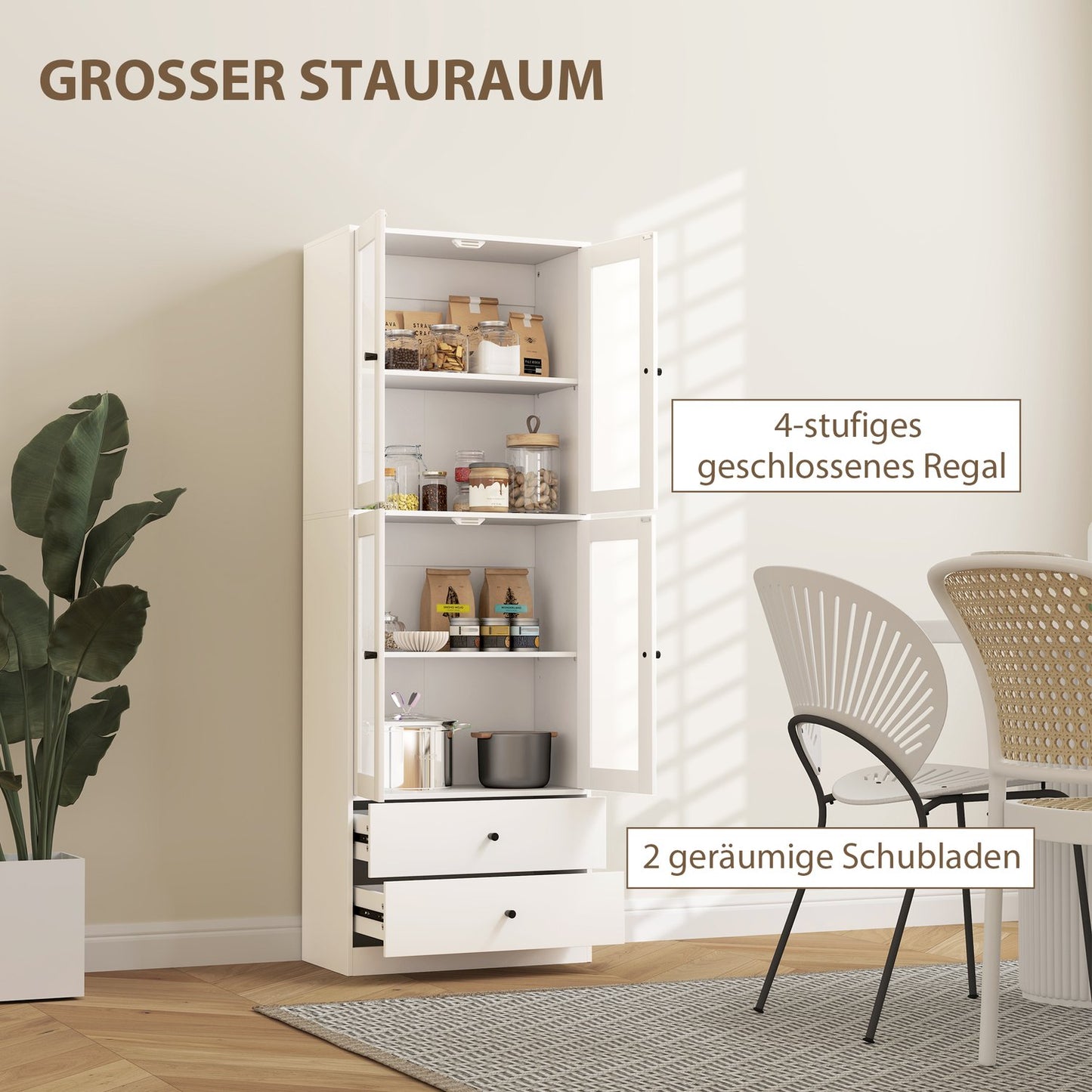 White tall kitchen cabinet, adjustable shelves, drawer