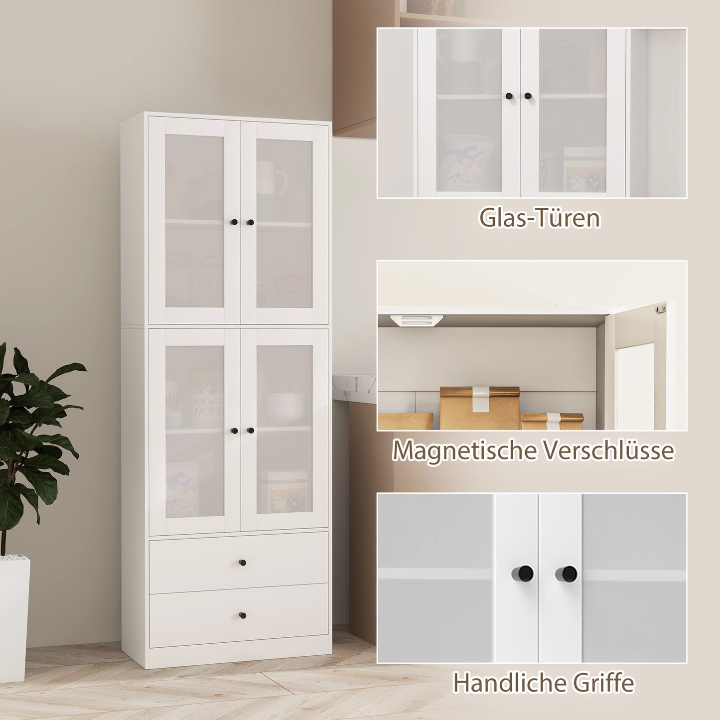 White tall kitchen cabinet, adjustable shelves, drawer