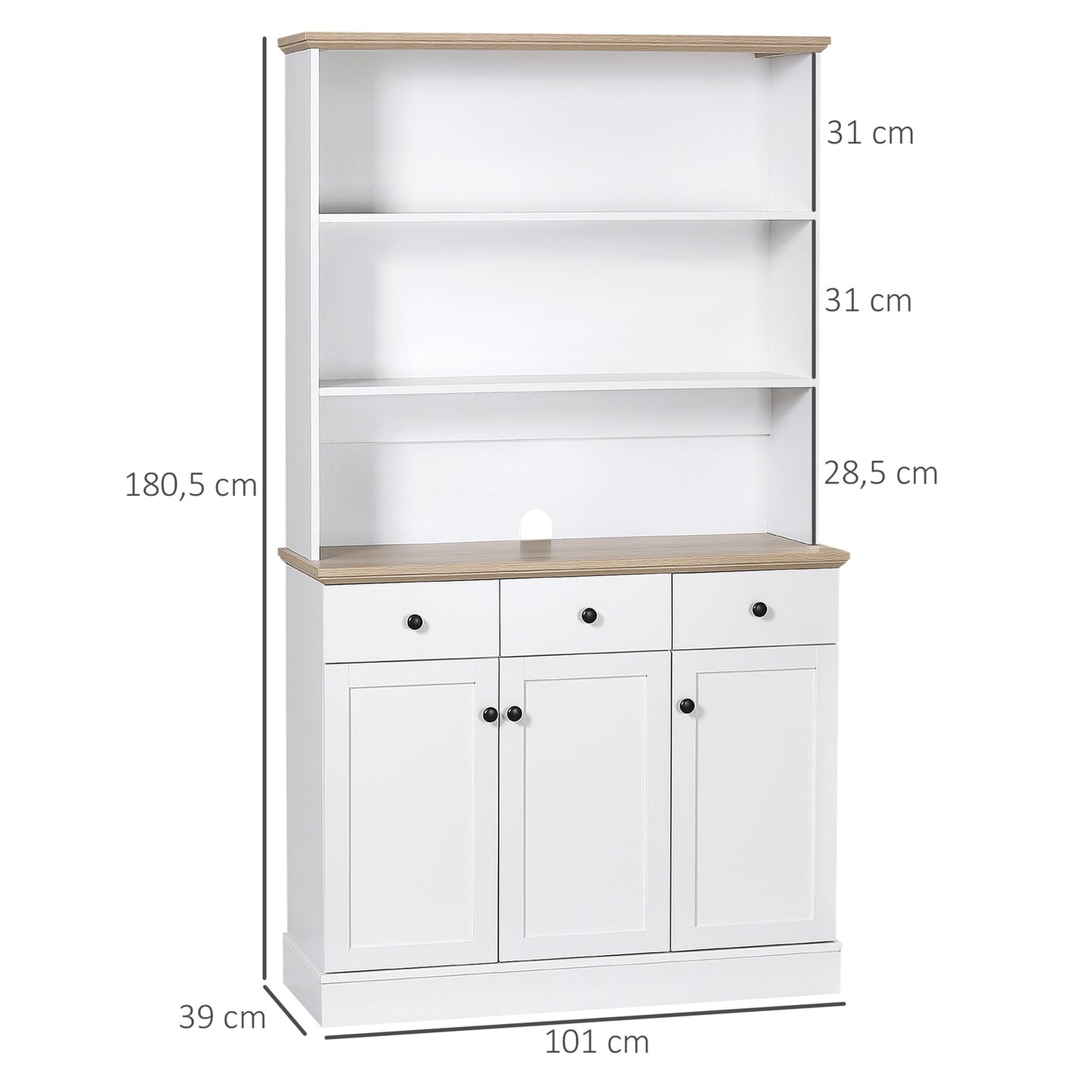 Tall white kitchen cabinet with drawers & shelves, 101x39x180.5 cm