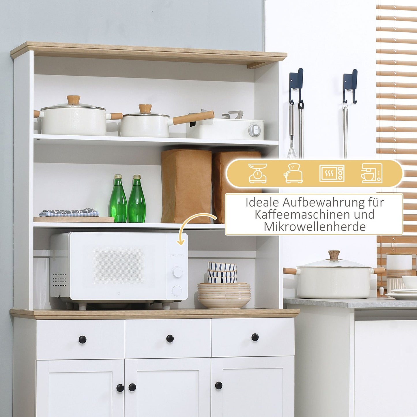 Tall white kitchen cabinet with drawers & shelves, 101x39x180.5 cm