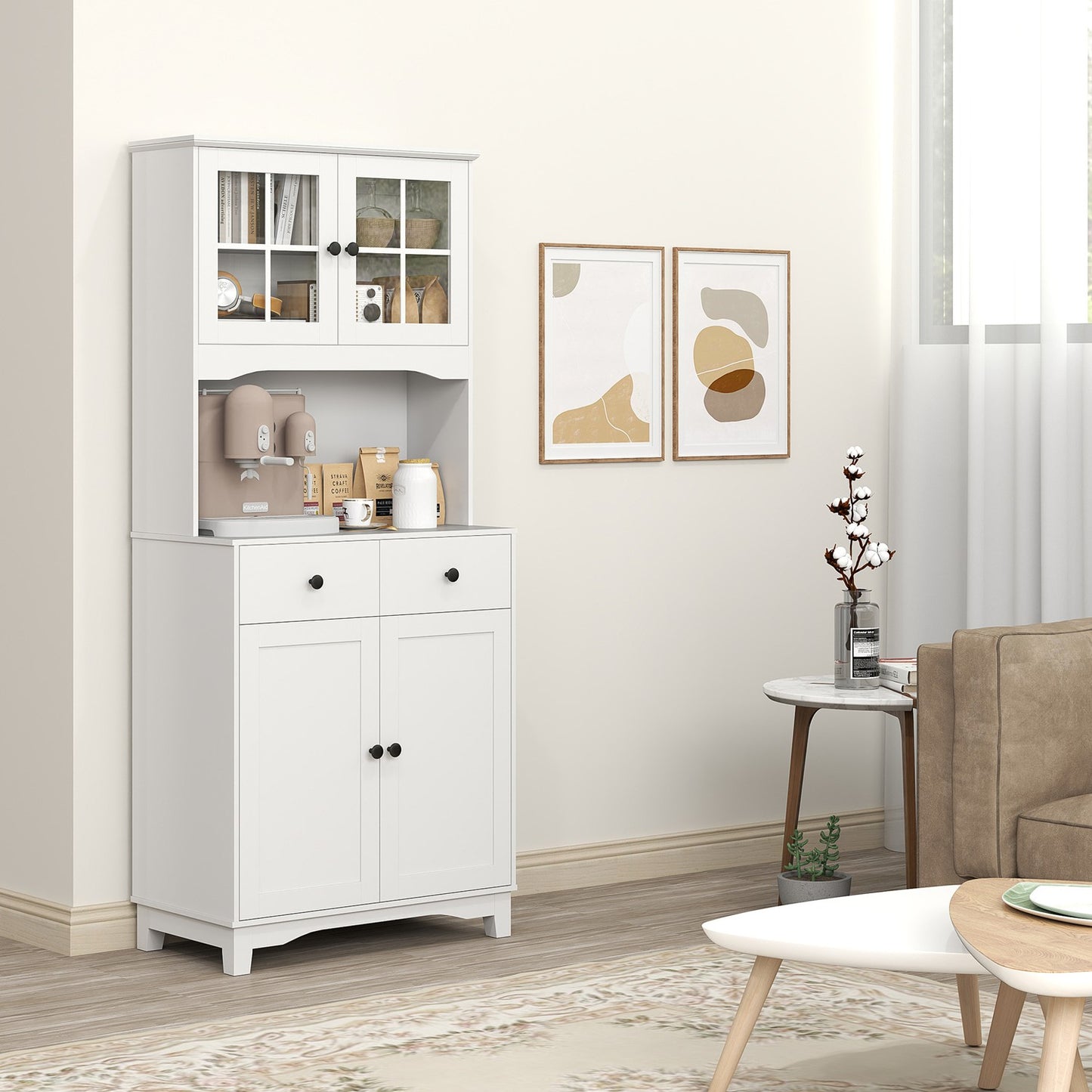 White kitchen cabinet with microwave shelf & storage