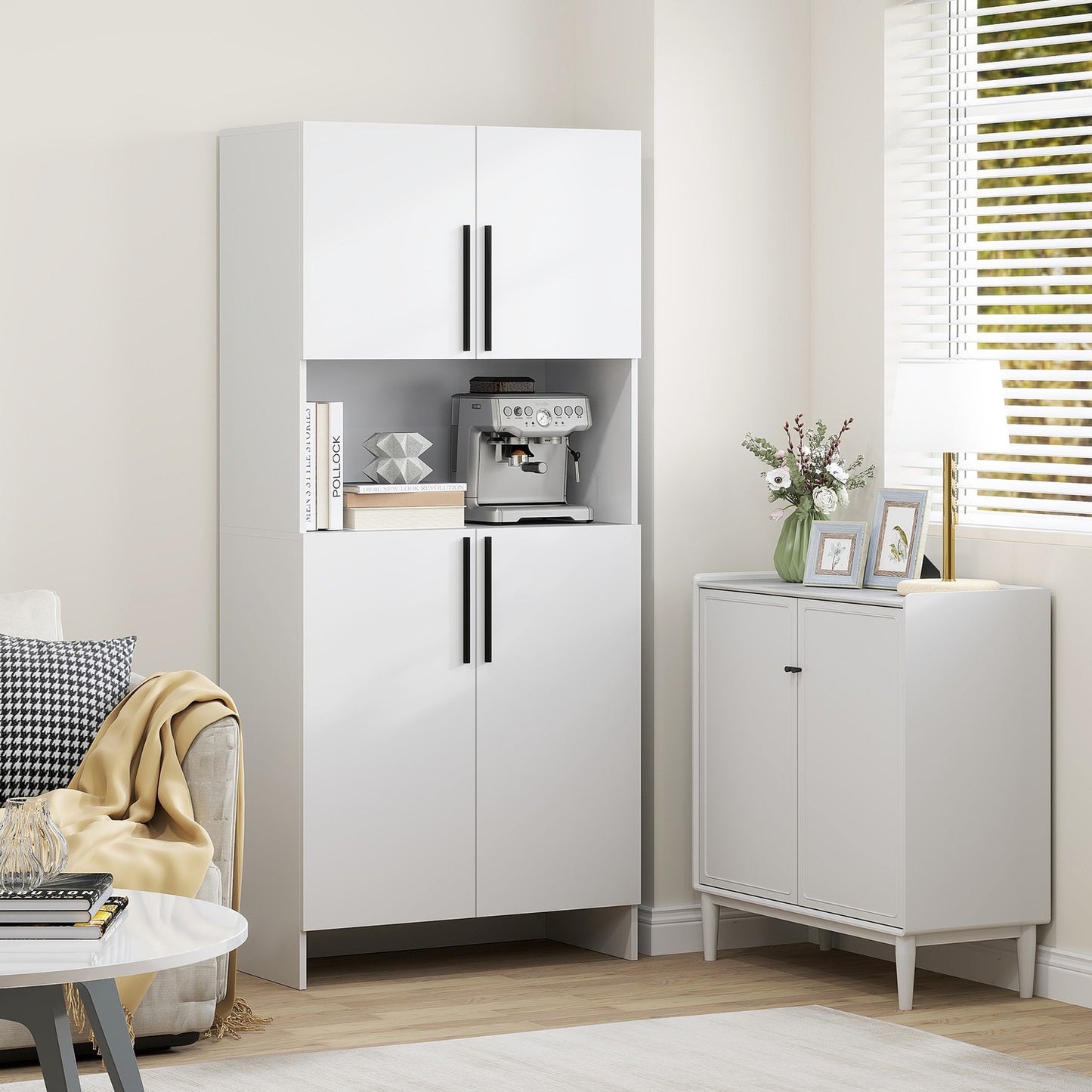 White kitchen tall cupboard, soft-closing doors, microwave shelf