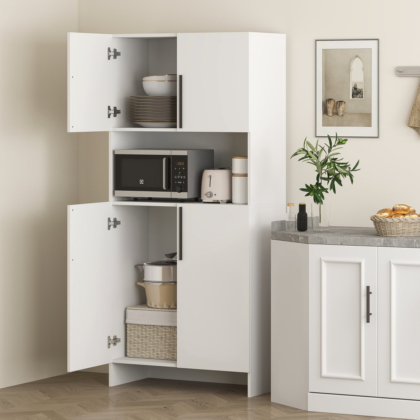 White kitchen tall cupboard, soft-closing doors, microwave shelf