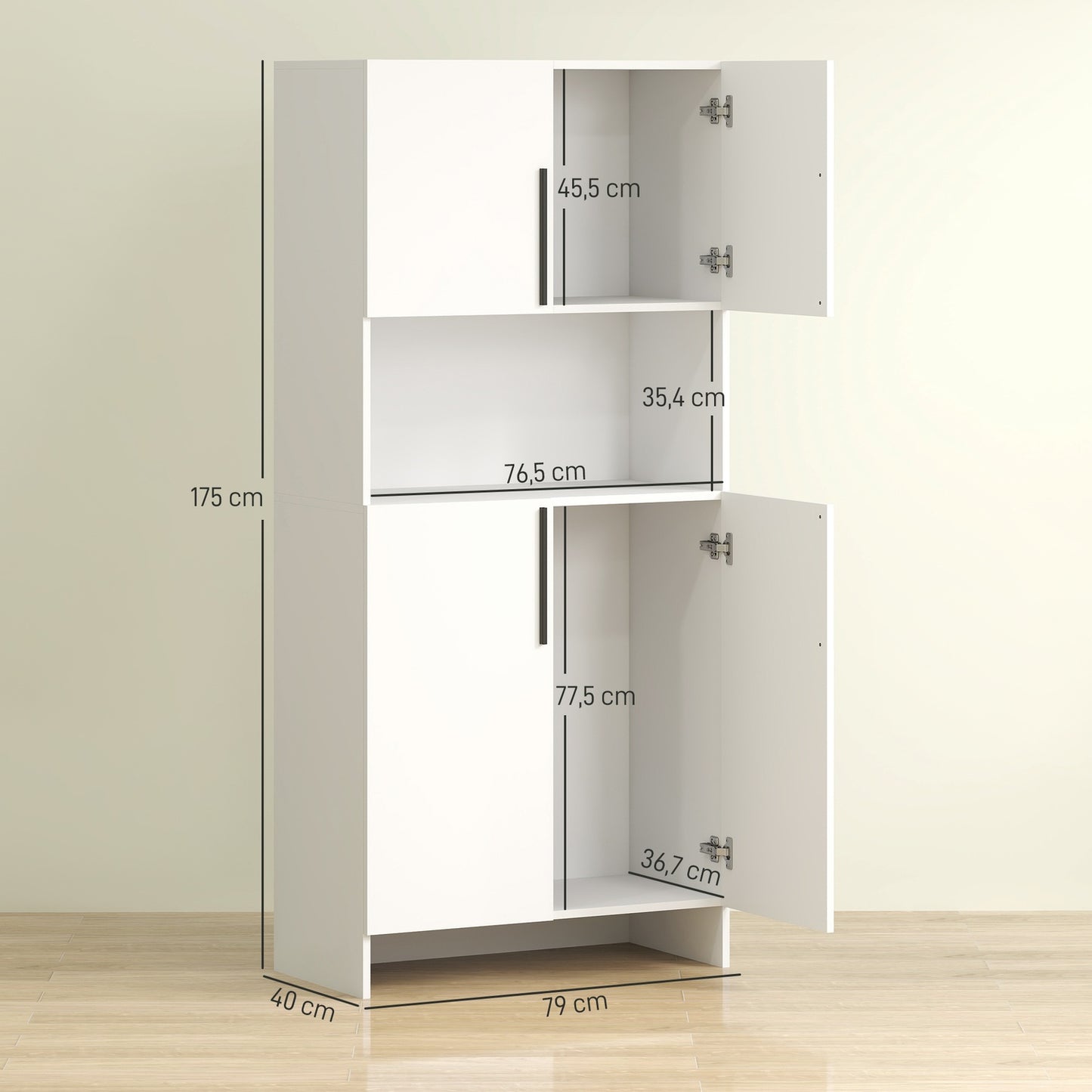 White kitchen tall cupboard, soft-closing doors, microwave shelf