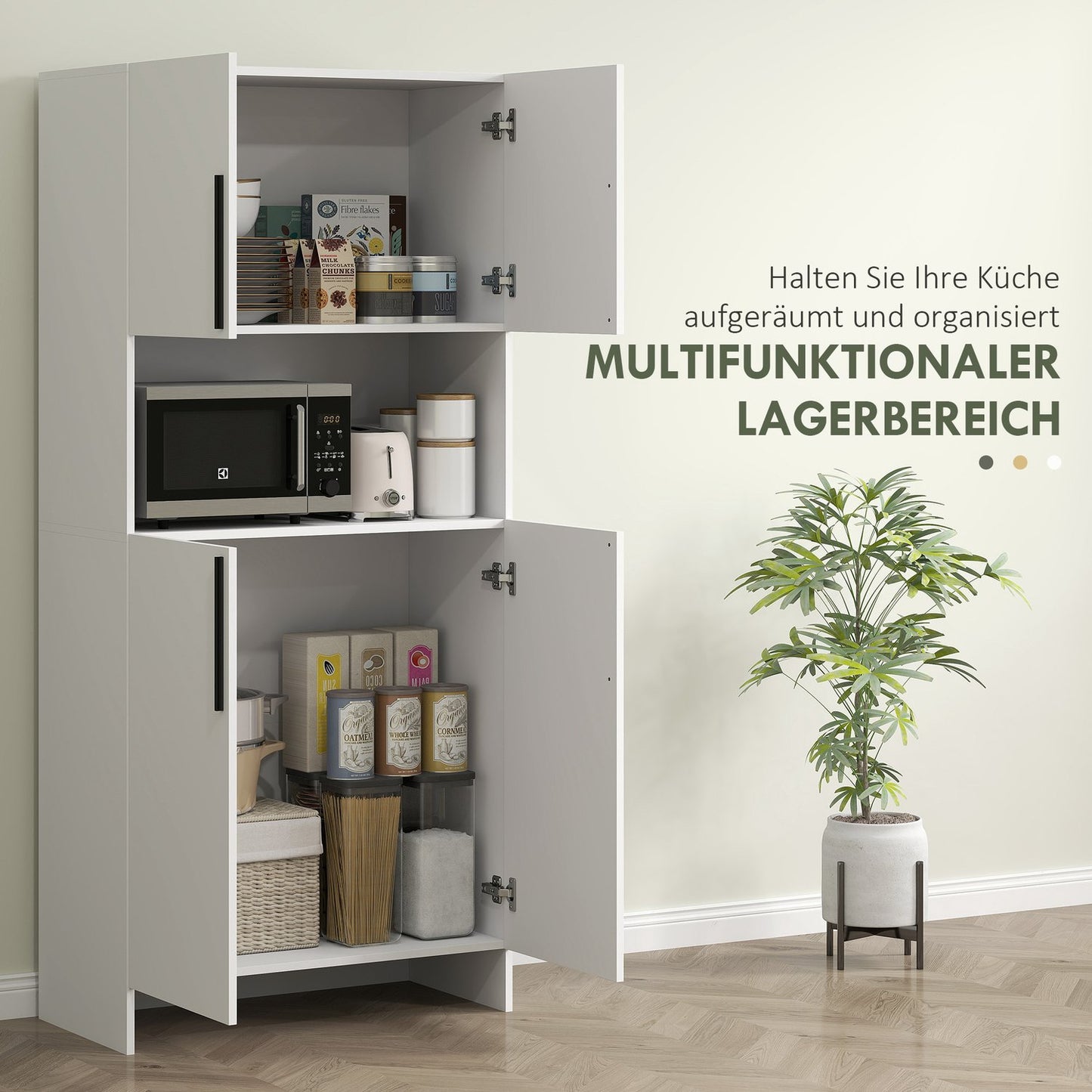 White kitchen tall cupboard, soft-closing doors, microwave shelf