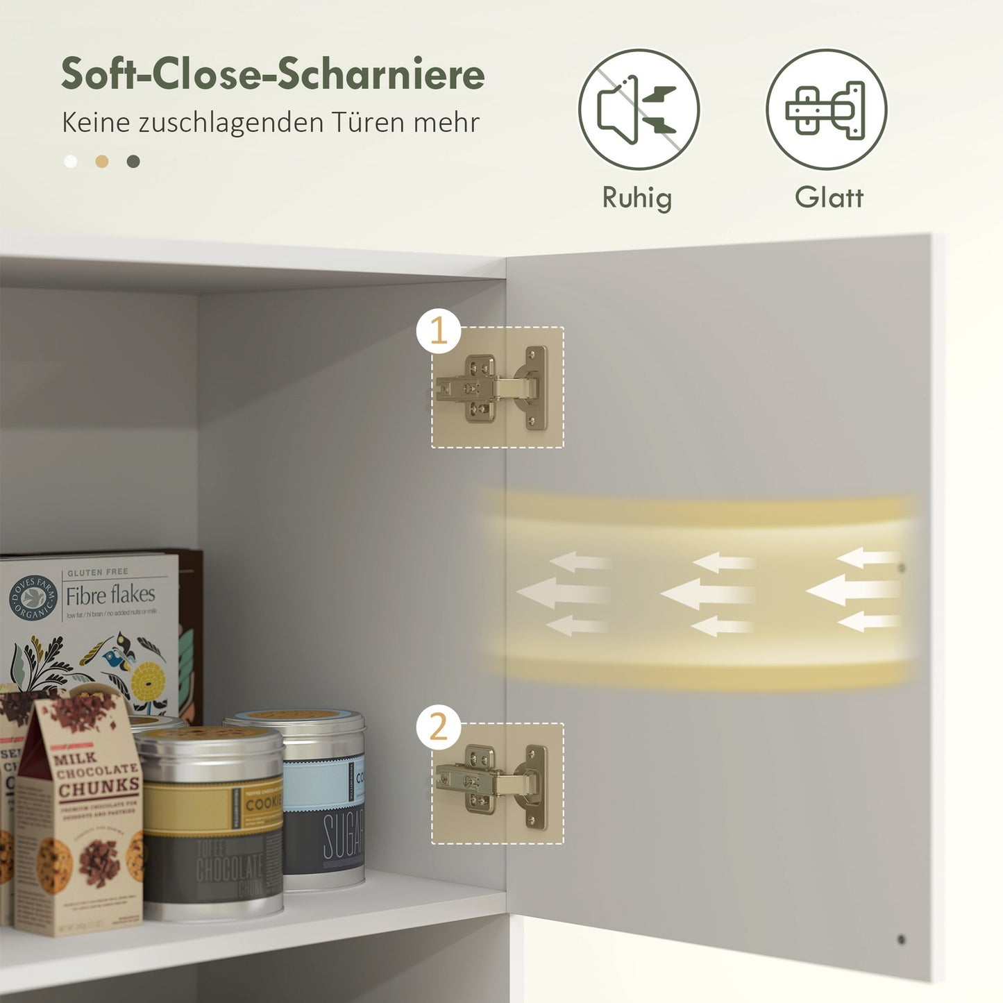 White kitchen tall cupboard, soft-closing doors, microwave shelf