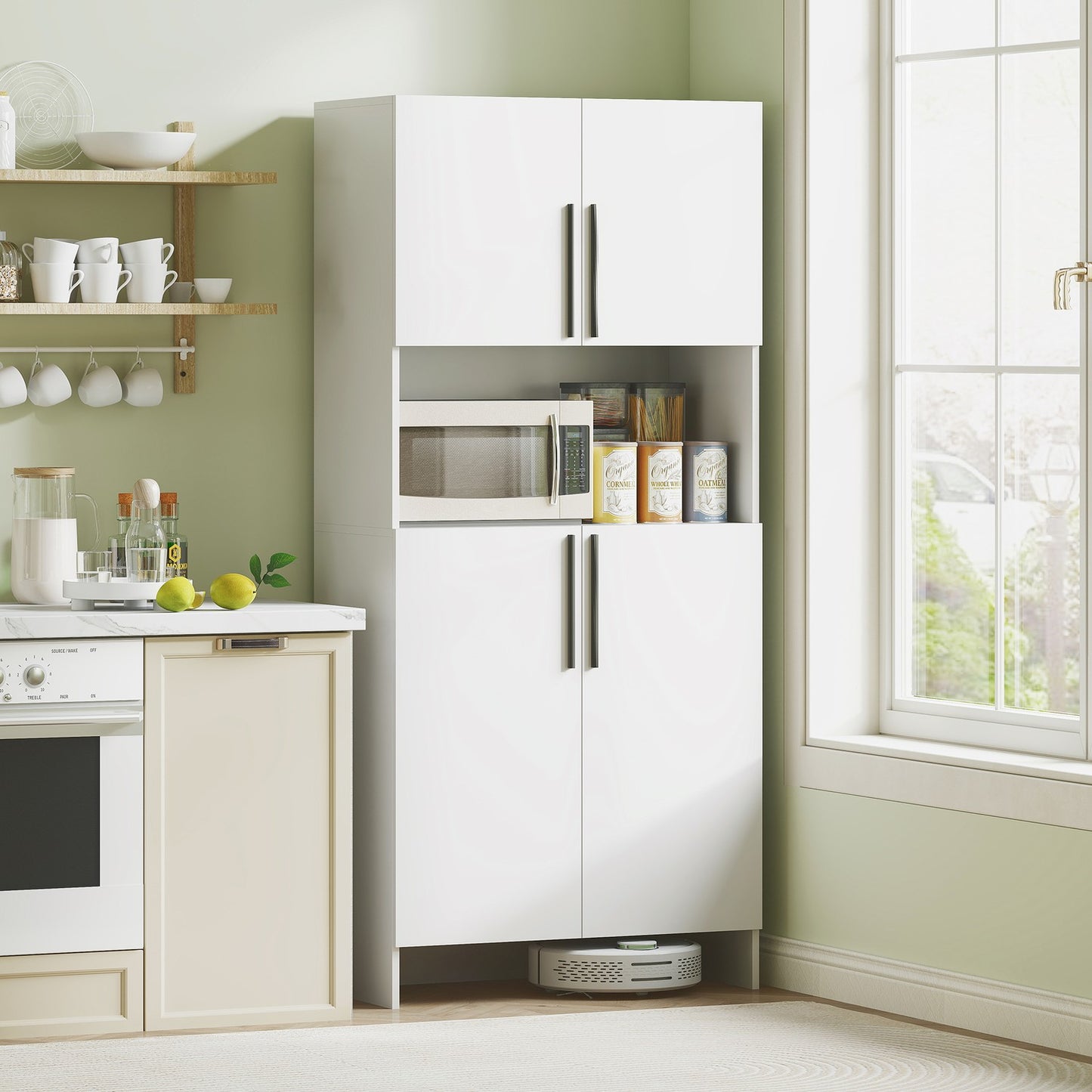White kitchen tall cupboard, soft-closing doors, microwave shelf