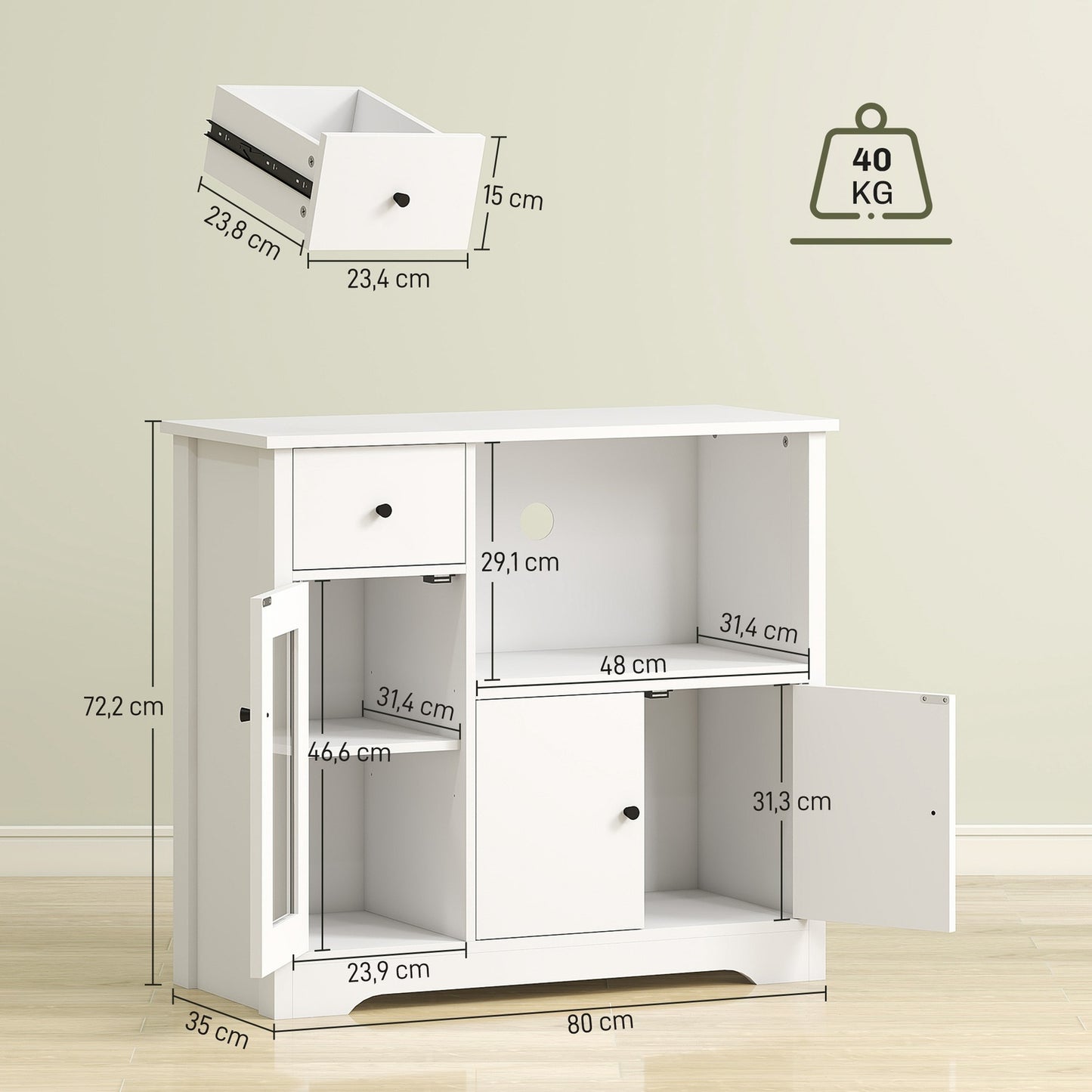 Kitchen Cabinet with Drawer, Cable Hole, 80x35x72.2 cm, White