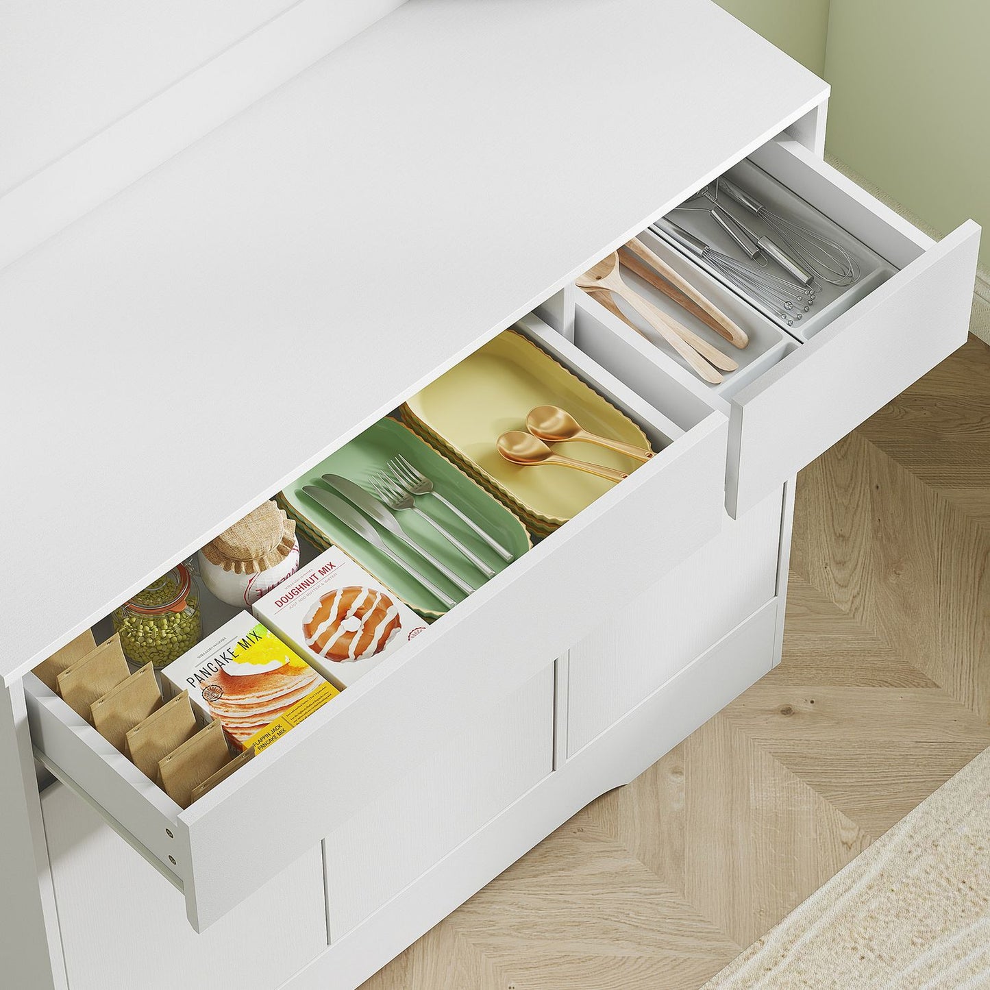 Kitchen Cabinet with Countertop, 6 Doors, 2 Drawers, White