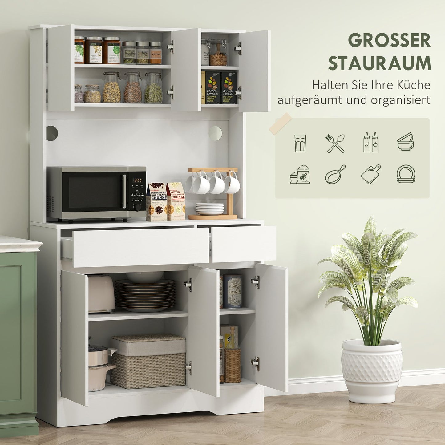 Kitchen Cabinet with Countertop, 6 Doors, 2 Drawers, White