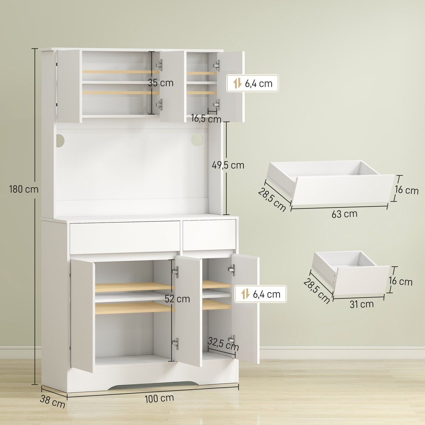 Kitchen Cabinet with Countertop, 6 Doors, 2 Drawers, White