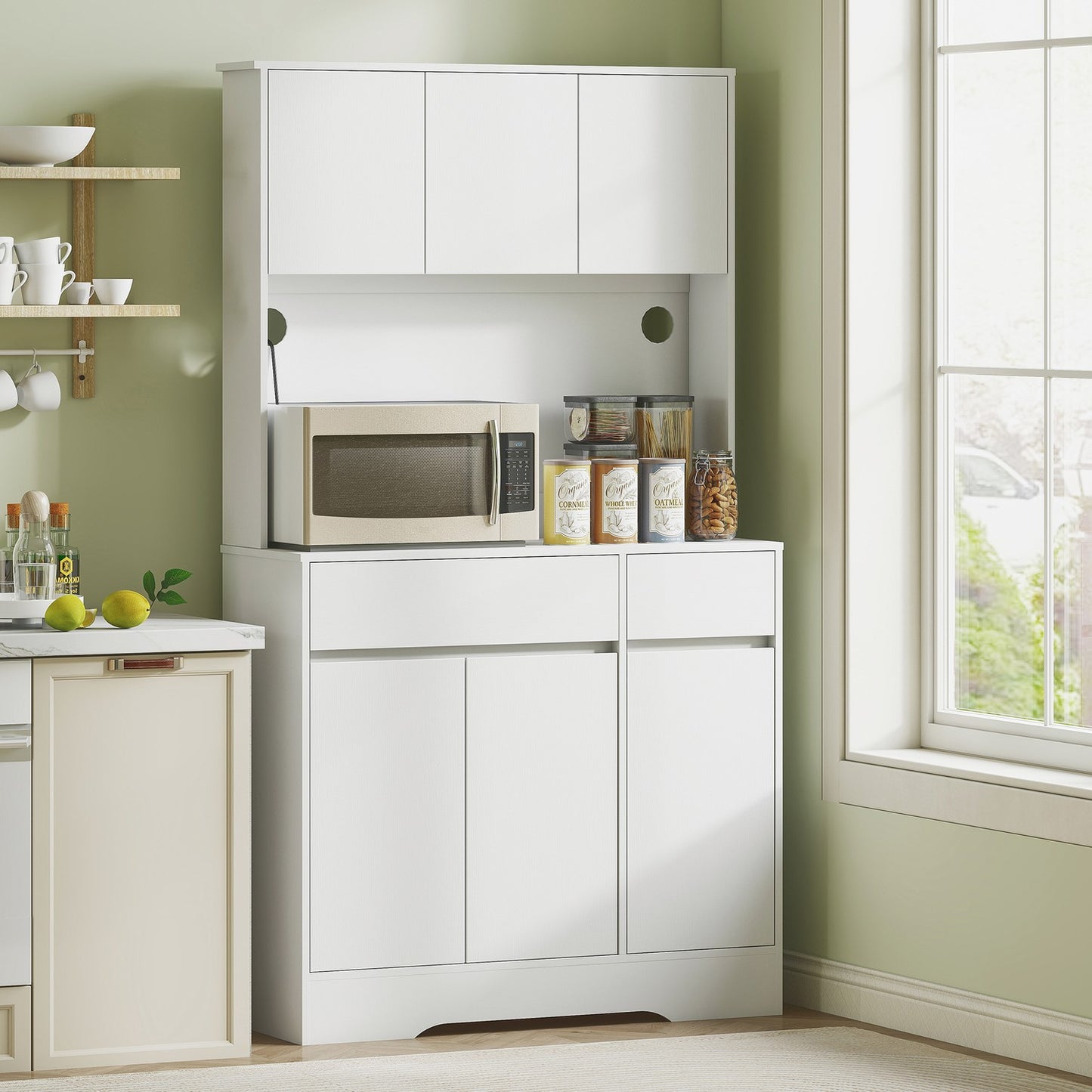 Kitchen Cabinet with Countertop, 6 Doors, 2 Drawers, White
