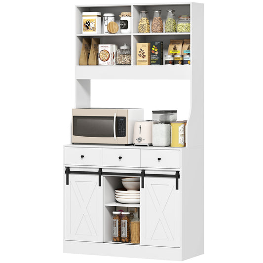 Kitchen cabinet with shelves, cupboards, drawers and storage space, farmhouse flair, adjustable shelves, wood, white