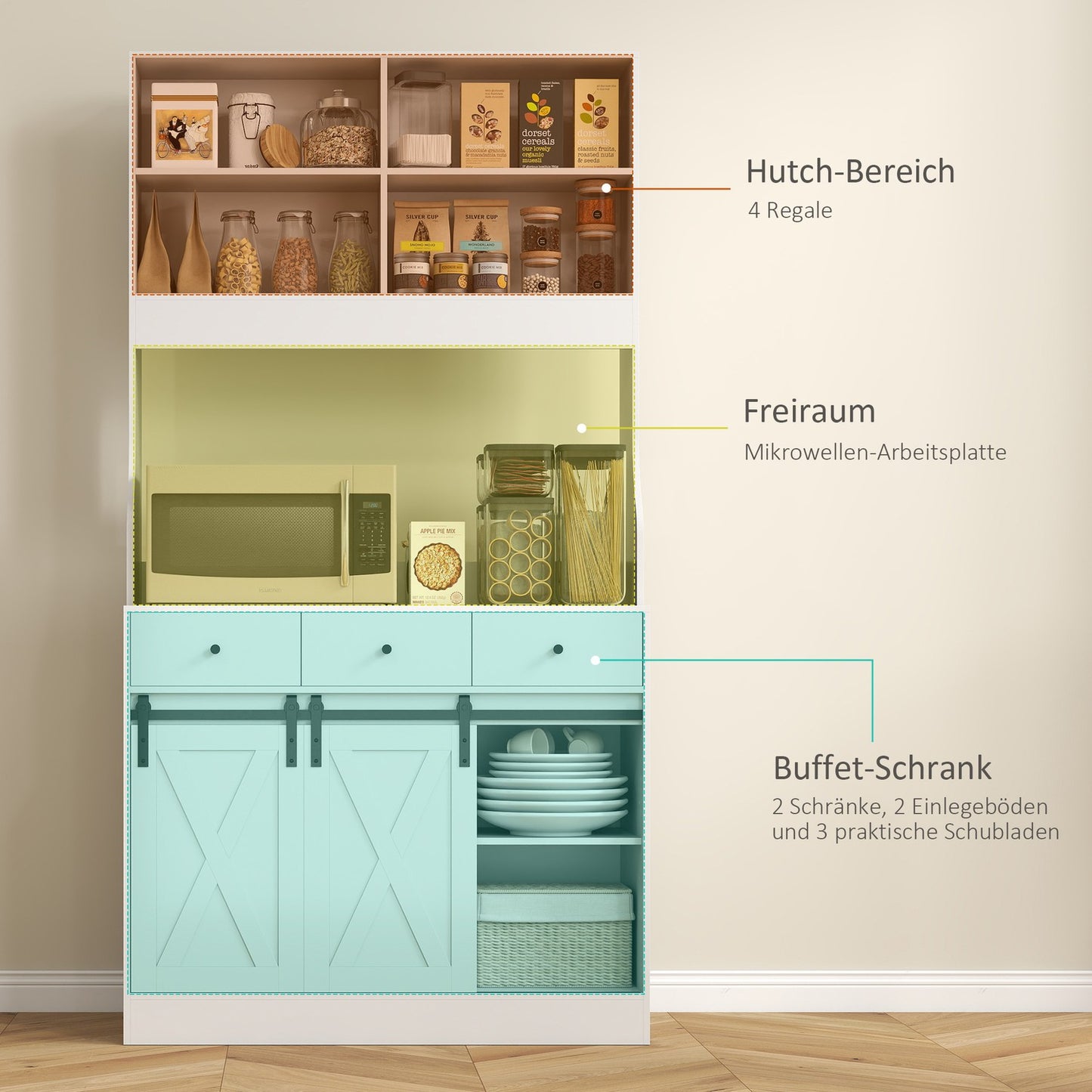Kitchen cabinet with shelves, cupboards, drawers and storage space, farmhouse flair, adjustable shelves, wood, white