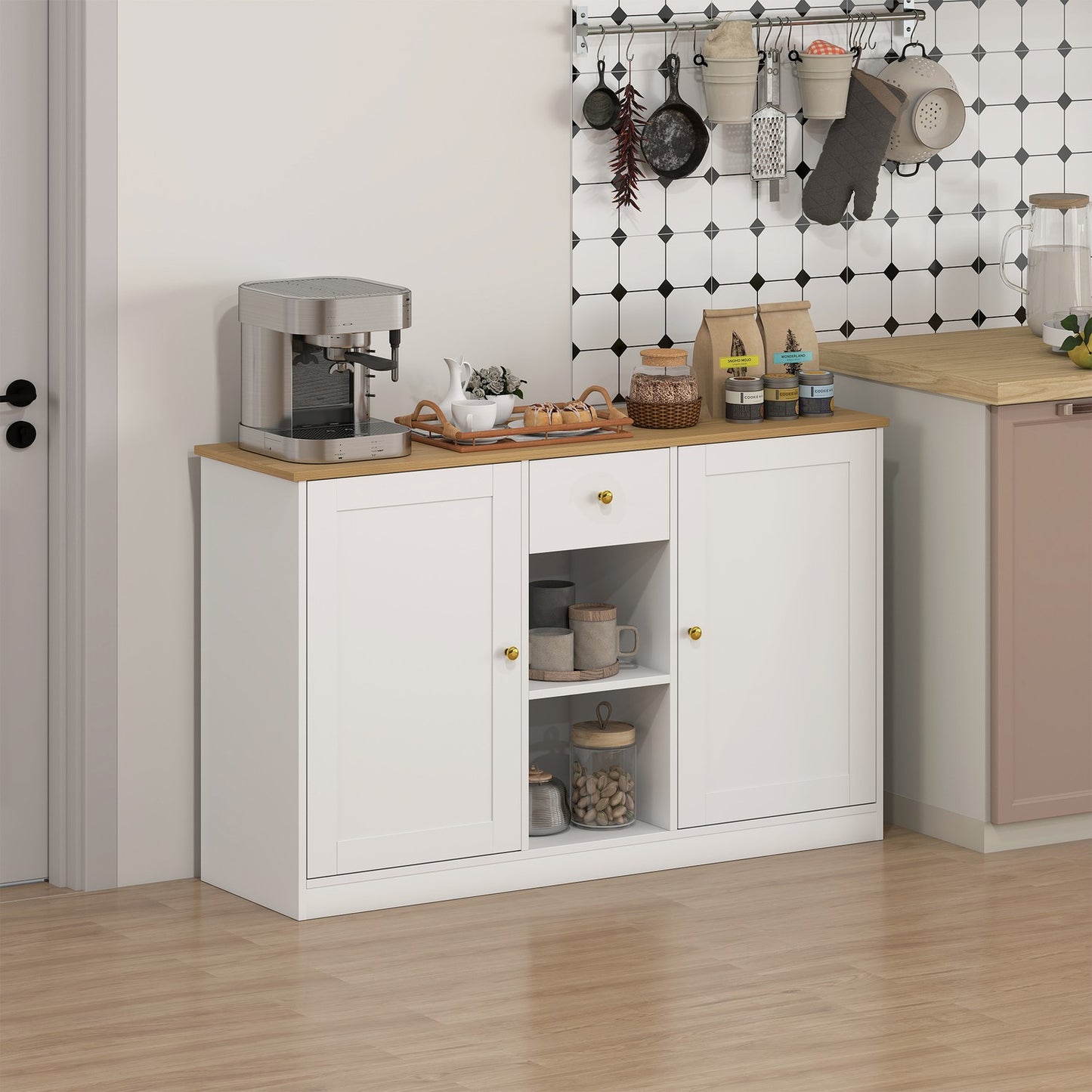 White Sideboard with Drawer and Shelves, 120cm