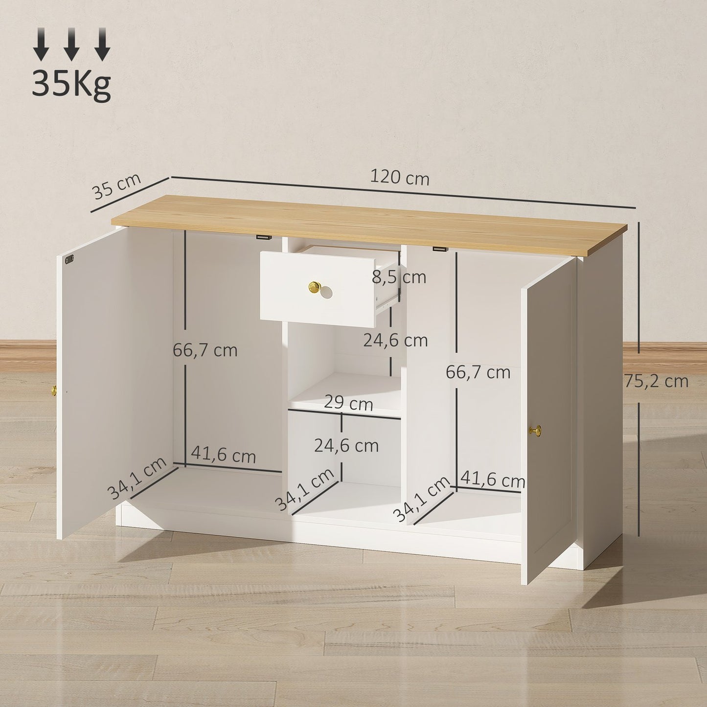 White Sideboard with Drawer and Shelves, 120cm